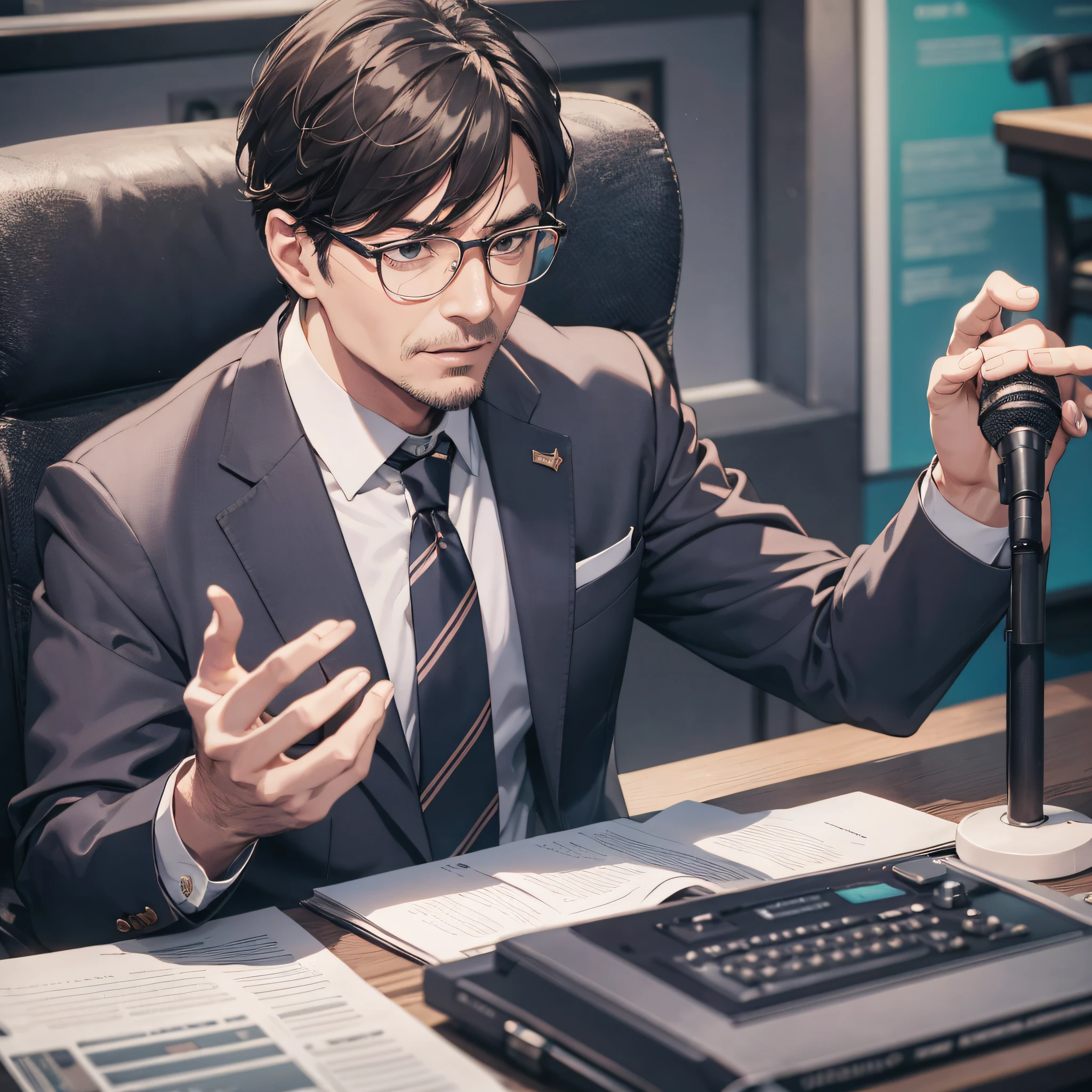 Absurd resolution, high resolution, (master masterpiece: 1.4), hyper-detail, talk show commentator, middle-aged male professor in suit, wearing glasses, sitting, holding a microphone, curious expression