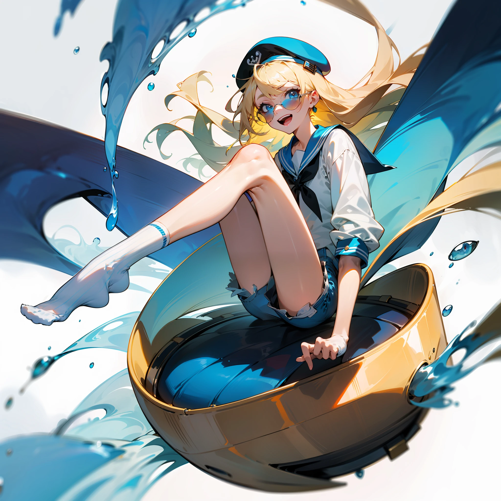 (best quality), {masterpiece}, {very detailed}, {super detailed}, {high resolution}, {absurd}, 1 girl, solo, anime, full body shoot, (blue and white sailor suit clothes, denim shorts, white asymmetrical socks, blue eyes), (blonde medium long hair), white background, water particles, water cubes, colored flowing paints, brushes flying in the air, bending legs, sitting in the air, (fine beautiful face and eyes), laughing, cowboy shot, ((full body)), hearty, beret on head, ( sunglasses on the head), wink, blink an eye, local lighting
,