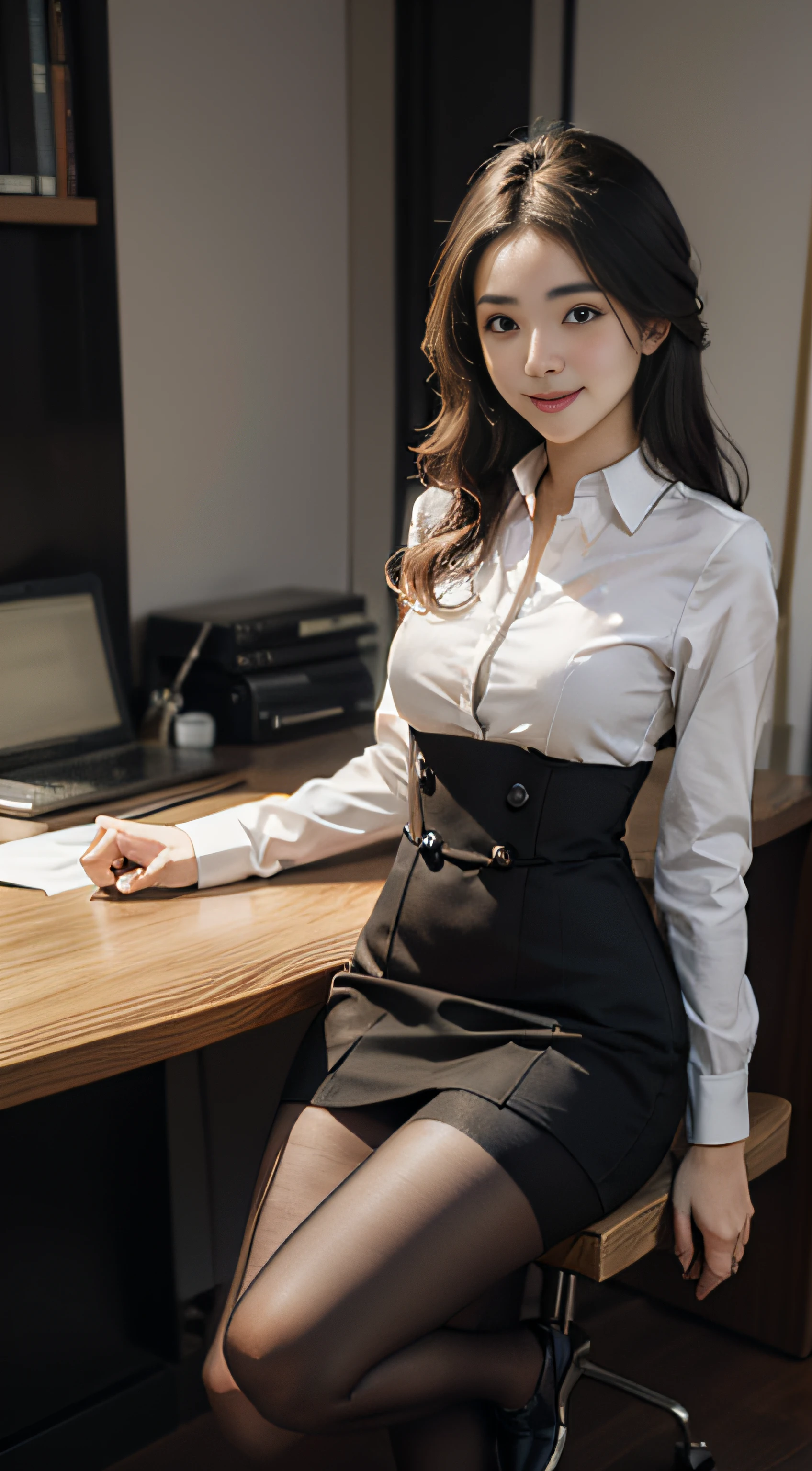 Best Quality, Full Body Portrait, Cinematic Texture Shot, Exquisite Face, Beautiful Face, 20 Year Old Woman, Smiling, Slim Figure, Small Bust, OL Uniform, Office Wear, Black Stockings, Interior Scene, Office, Seated