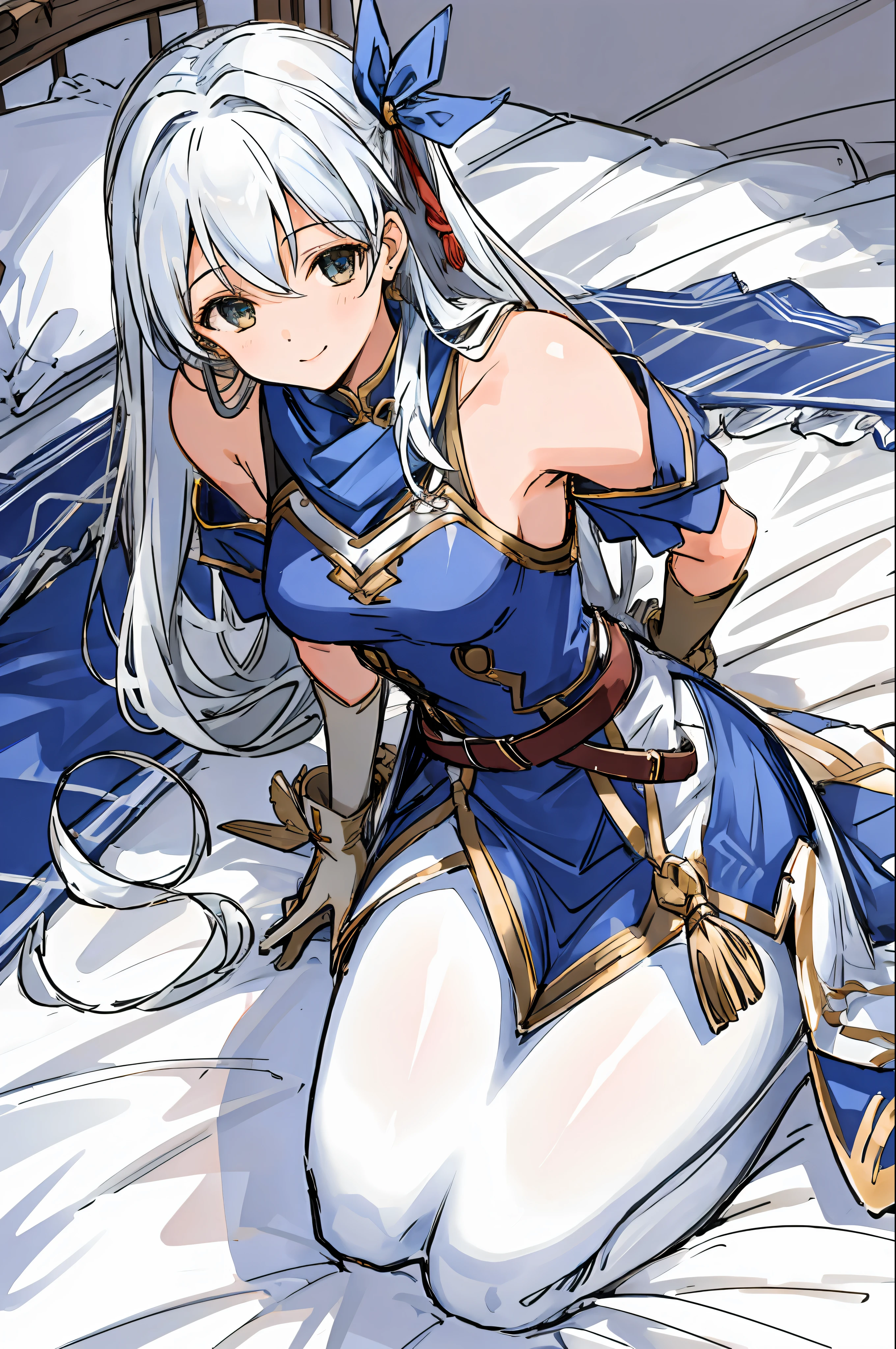 micaiah fe, 1girl, solo, looking at viewer, sitting, seiza, on bed, seductive smile, dress, bare shoulders, ribbon, pantyhose, gloves, belt, blue scarf, sleeveless, gloves, thick thighs