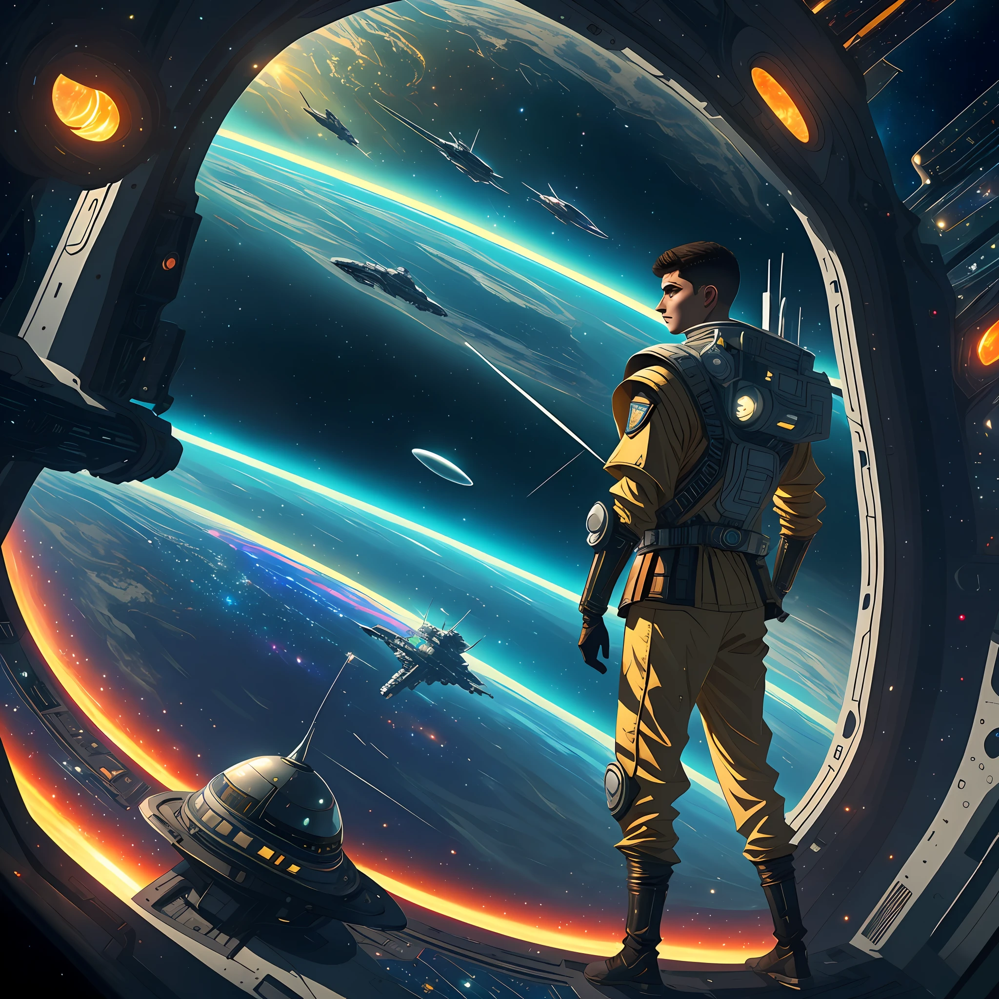 ((Best quality, 8k, masterpiece: 1.3)), A young Roman military man in a futuristic uniform made of niobium and graphene, with futuristic weapons, on a spaceship of the galactic Roman Empire. Traveling through the space between the stars --auto