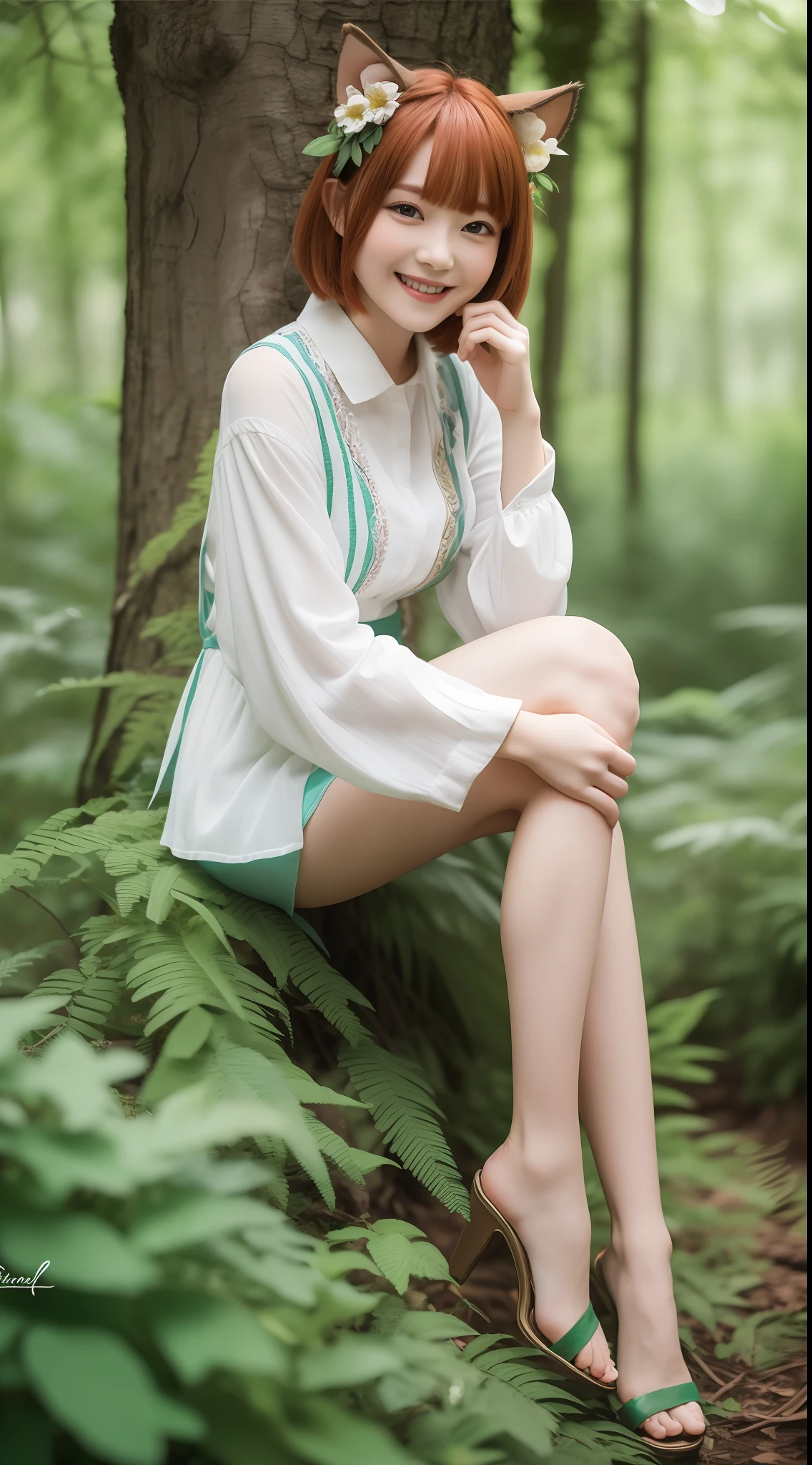 (Masterpiece), (Ultra detailed), (Full body:1.2), 1 girl, chibi, cute, smile, bangs, redhead, short hair, head flower, (forest: 1.3), (flower: 1.5), elf ears, depth of field, tree, handy legs, (beautiful detail face), (beautiful detail eyes), blur, (best quality)
