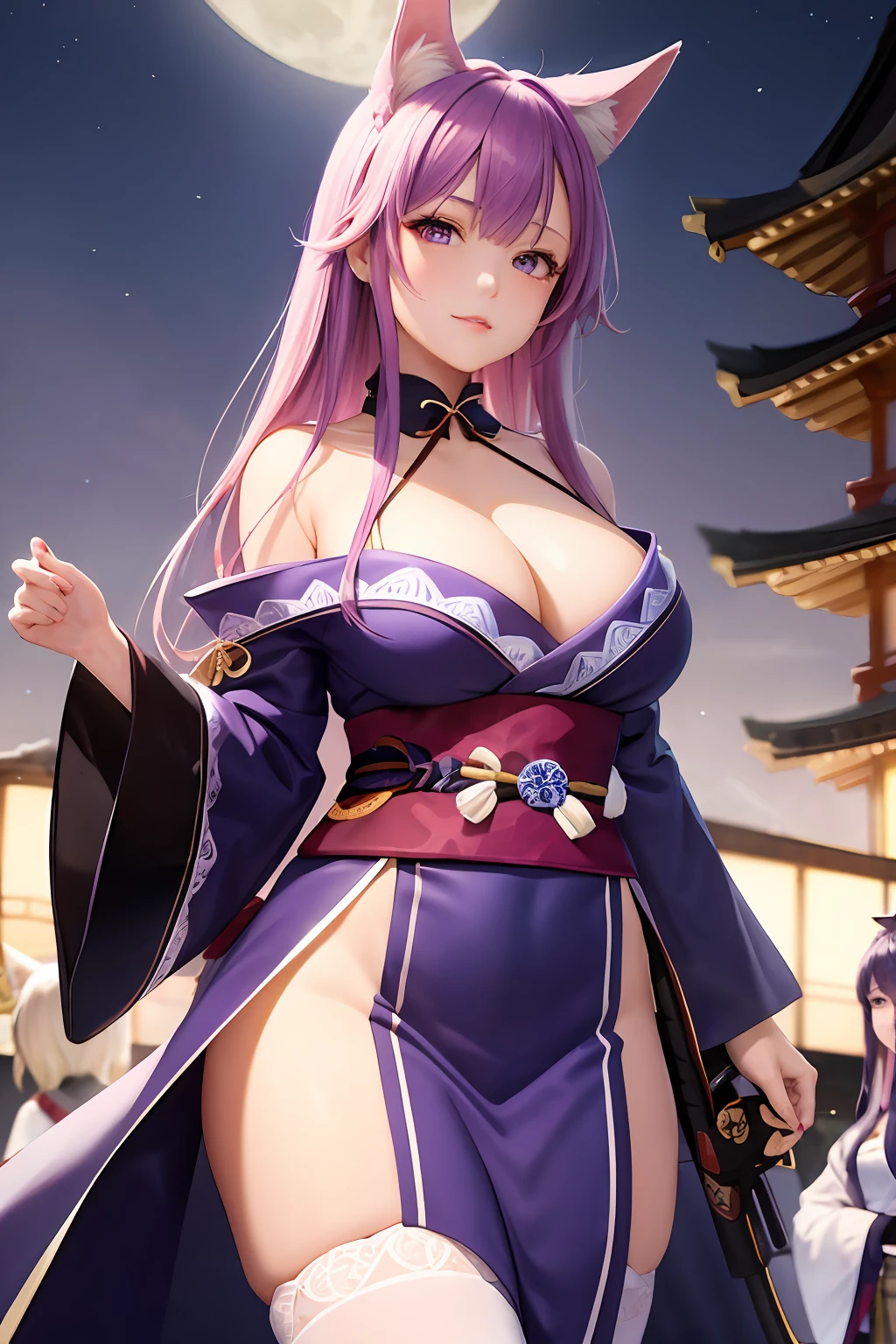 masterpiece, best quality,multiple girls, breasts, 2girls, yae miko, raiden shogun, purple eyes, pink hair, japanese clothes, purple hair, large breasts, long hair, cleavage, hair ornament, thighs, purple kimono, thighhighs, bangs, animal ears, detached sleeves, fox ears, wide sleeves, kimono, moon, weapon, braid,(kbxll:0.8)