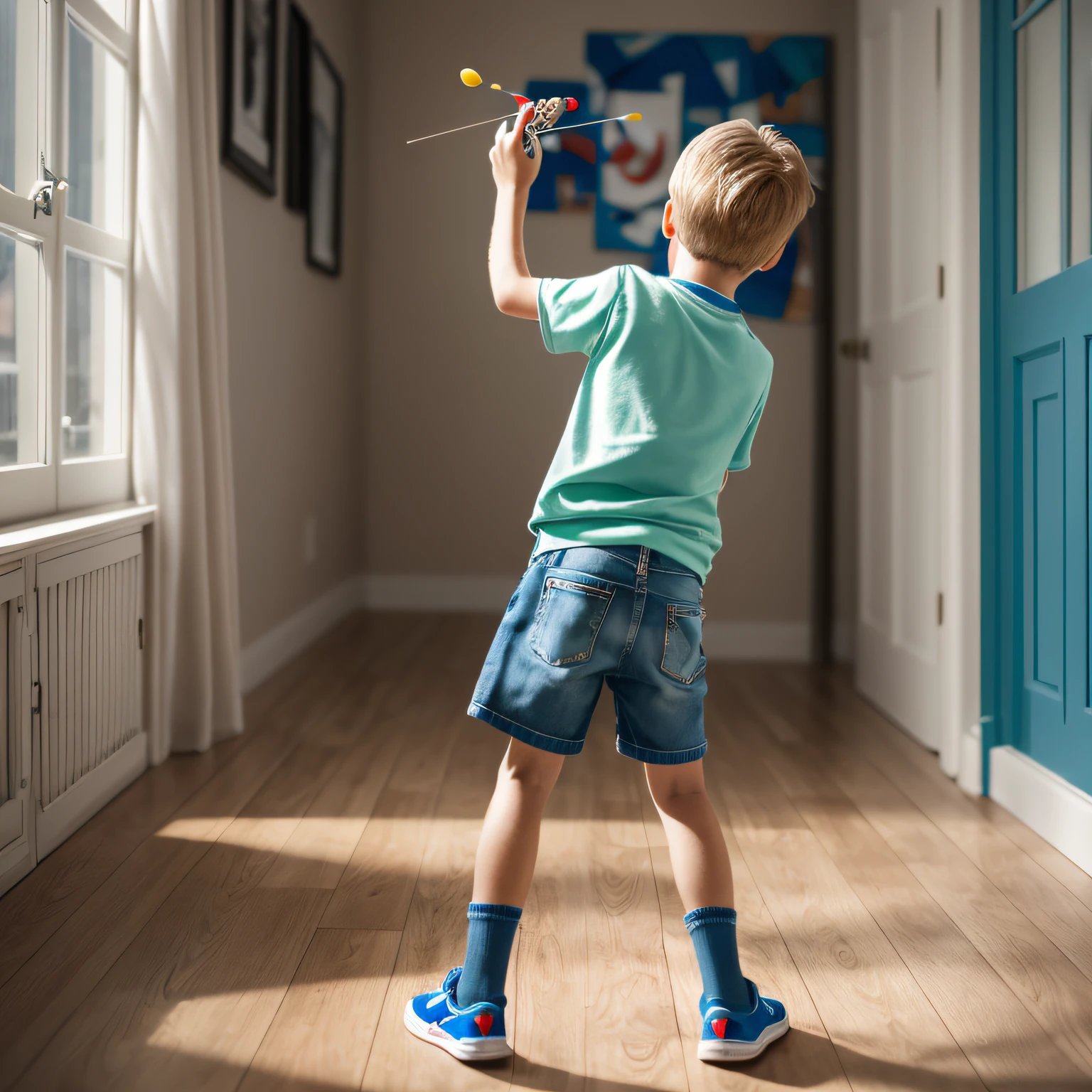 Ultra high quality, a boy, indoors, with his back to the camera, throwing toy darts, young blonde boy, perspective lens, Sony shooting,