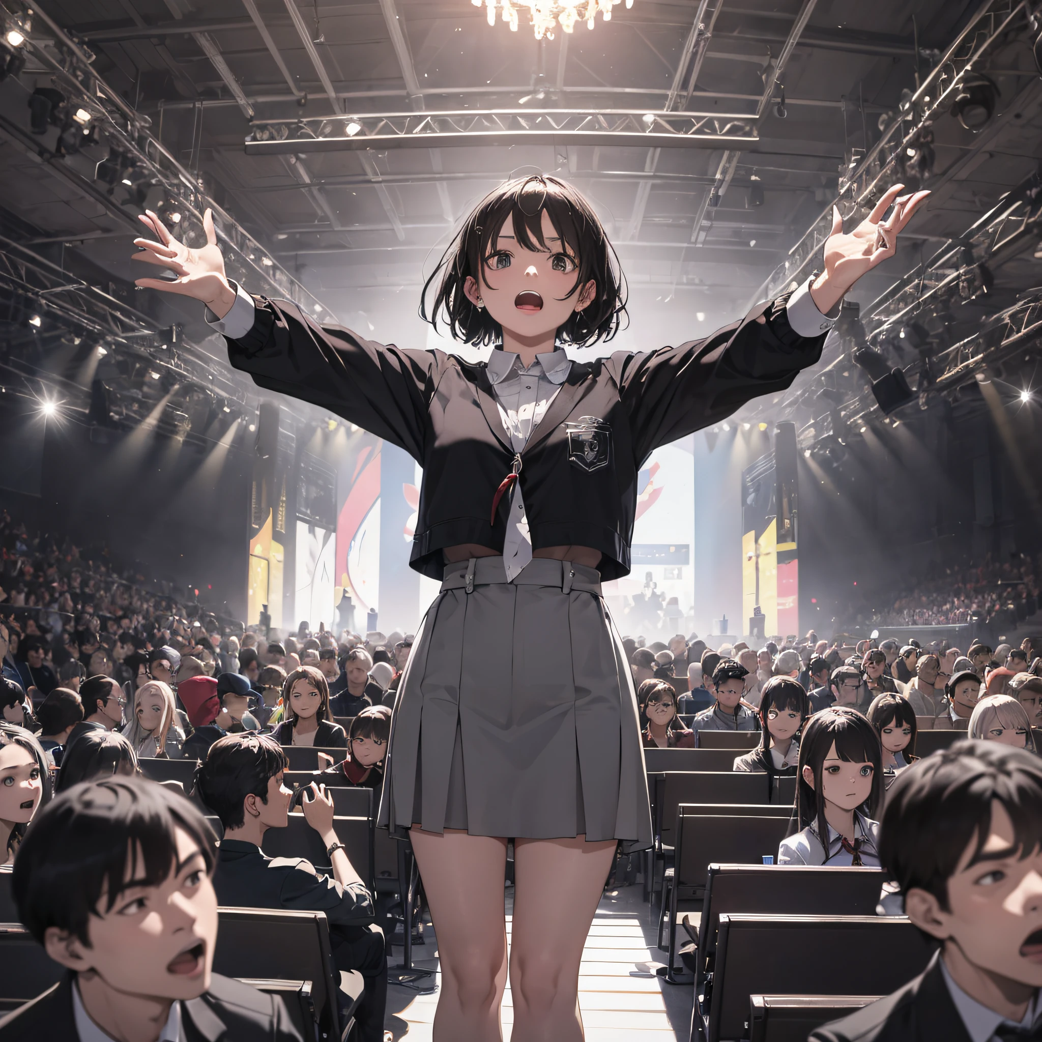 Absurd resolution, high resolution, (master masterpiece: 1.4), hyper-detail, stand-up comedy audience looked at the stage, expression shocked and surprised, open mouth,