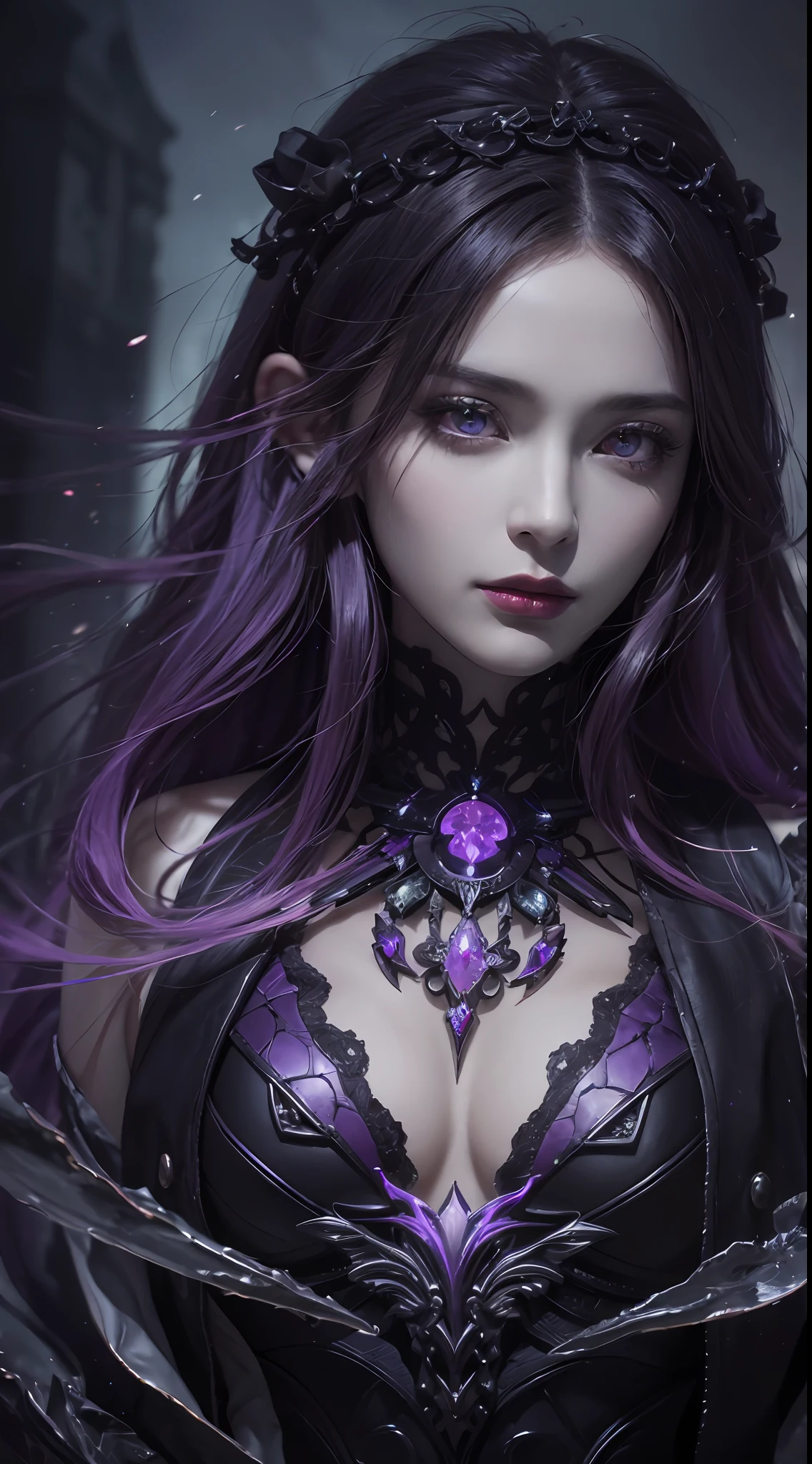 best quality, masterpiece, ultra high res, beautiful death goddess, dark witch, necromancer, intricate design, realistic details, powerful, mysterious, casting dark spell, dark purple aura, realistic darkness effect, purple particles, dark fantasy art style, ruined city, hyperrealism, realistic, dramatic lighting, cinematic