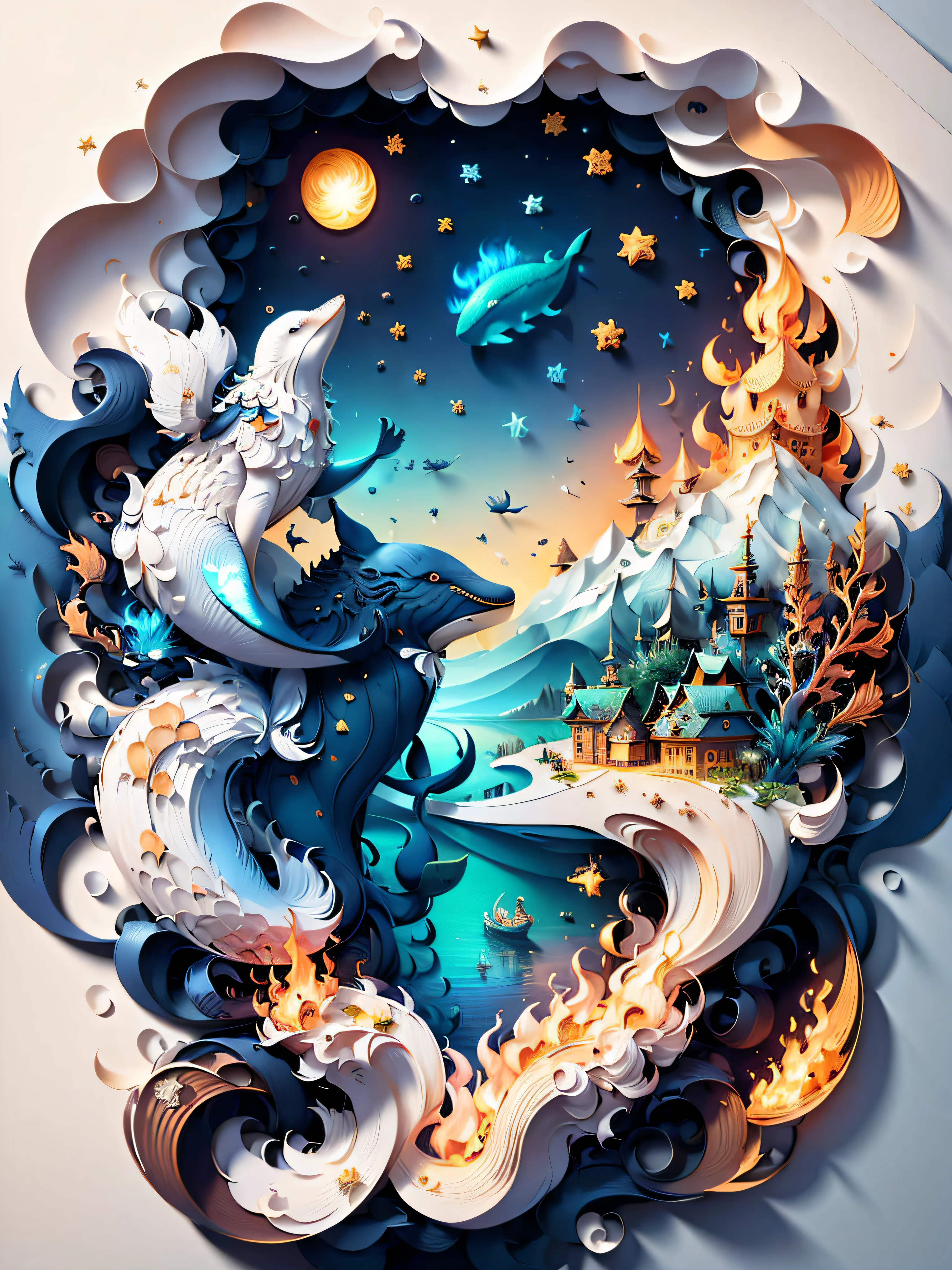 (((masterpiece))),best quality, illustration, fire, ocean, whale, boat, cloud, star \(symbol\), paper_cut, (white background:1.1)