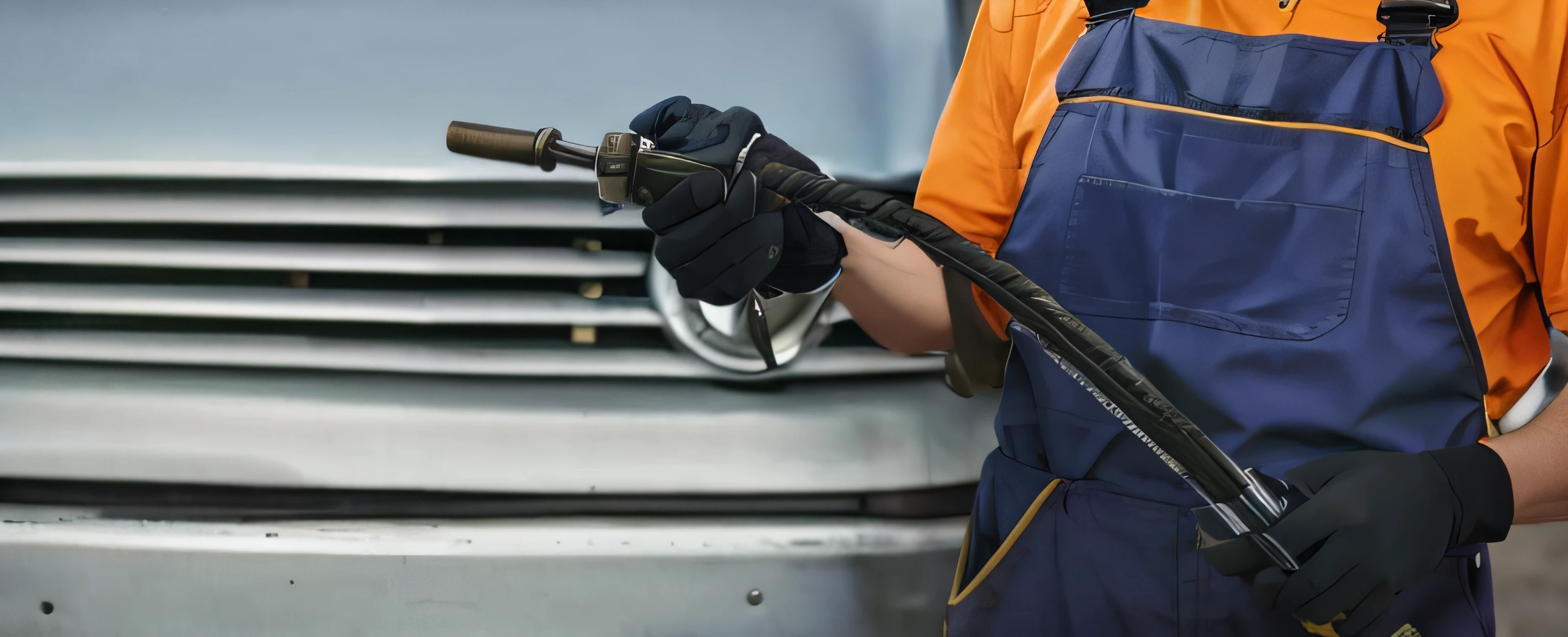 Man in orange shirt and blue overalls holding black hose, car, detail, exceptional detail, powerful detail, mechanic, detailed, professional work, fine workmanship, car, perfect detail, precise detail, super detail, maintenance, headlight washer, mechanical, detail and care, easy, angle, adjustment, close, hyper detail --auto