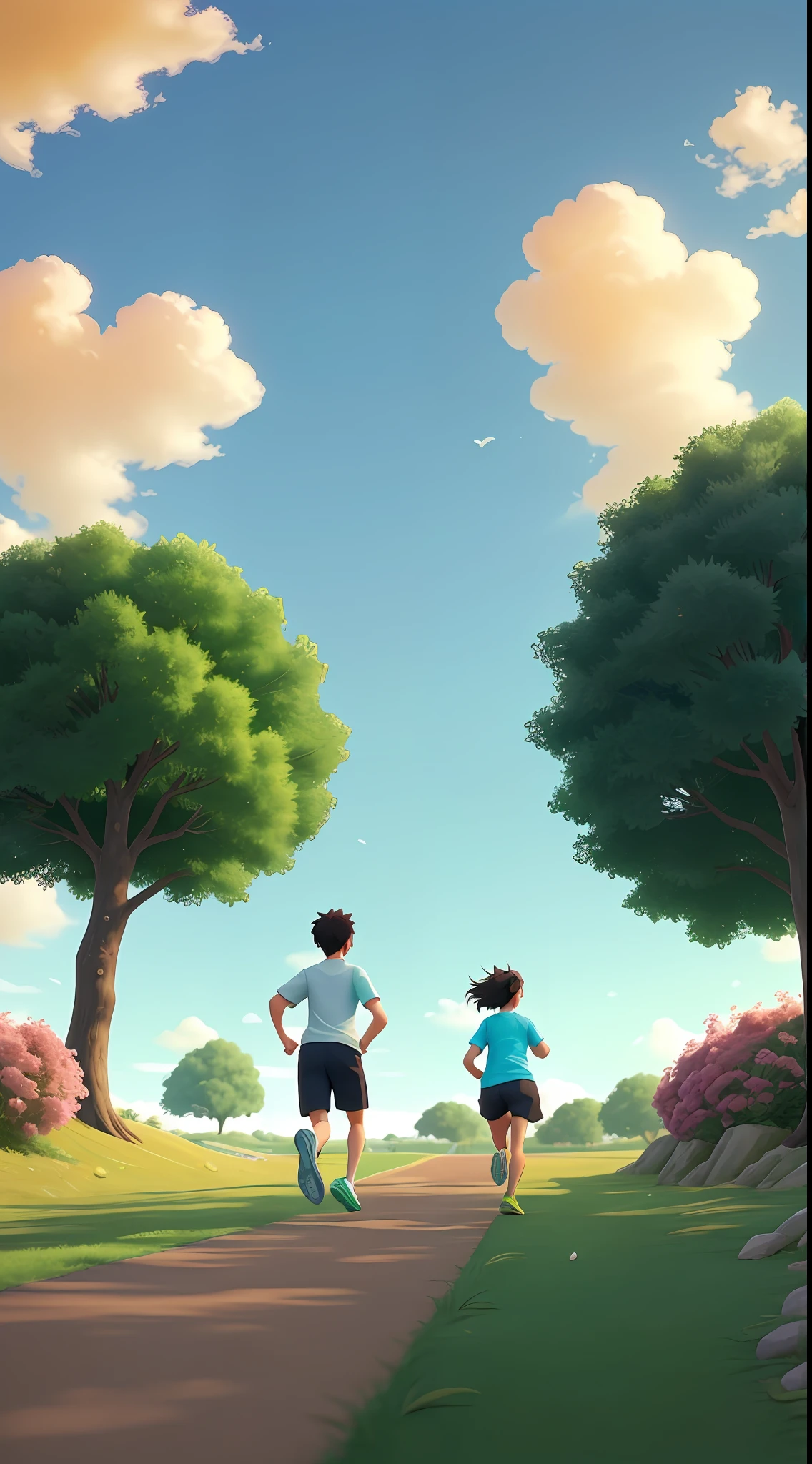 The Chinese man and woman run together on a vast, open lawn, their backs to the camera and their matching sportswear glistening in the sunlight. The blue sky and fluffy white clouds create a serene and peaceful backdrop in the style of Shinkai Makoto. As they run towards the horizon, the sense of freedom and escape is palpable, as if they are leaving the troubles of the world behind and heading towards a brighter future. The blades of grass sway in the gentle breeze, and the distant trees create a sense of depth and perspective. The image captures the beauty and simplicity of running, and the joy of being in motion and feeling alive., 8k, best quality, ccurate