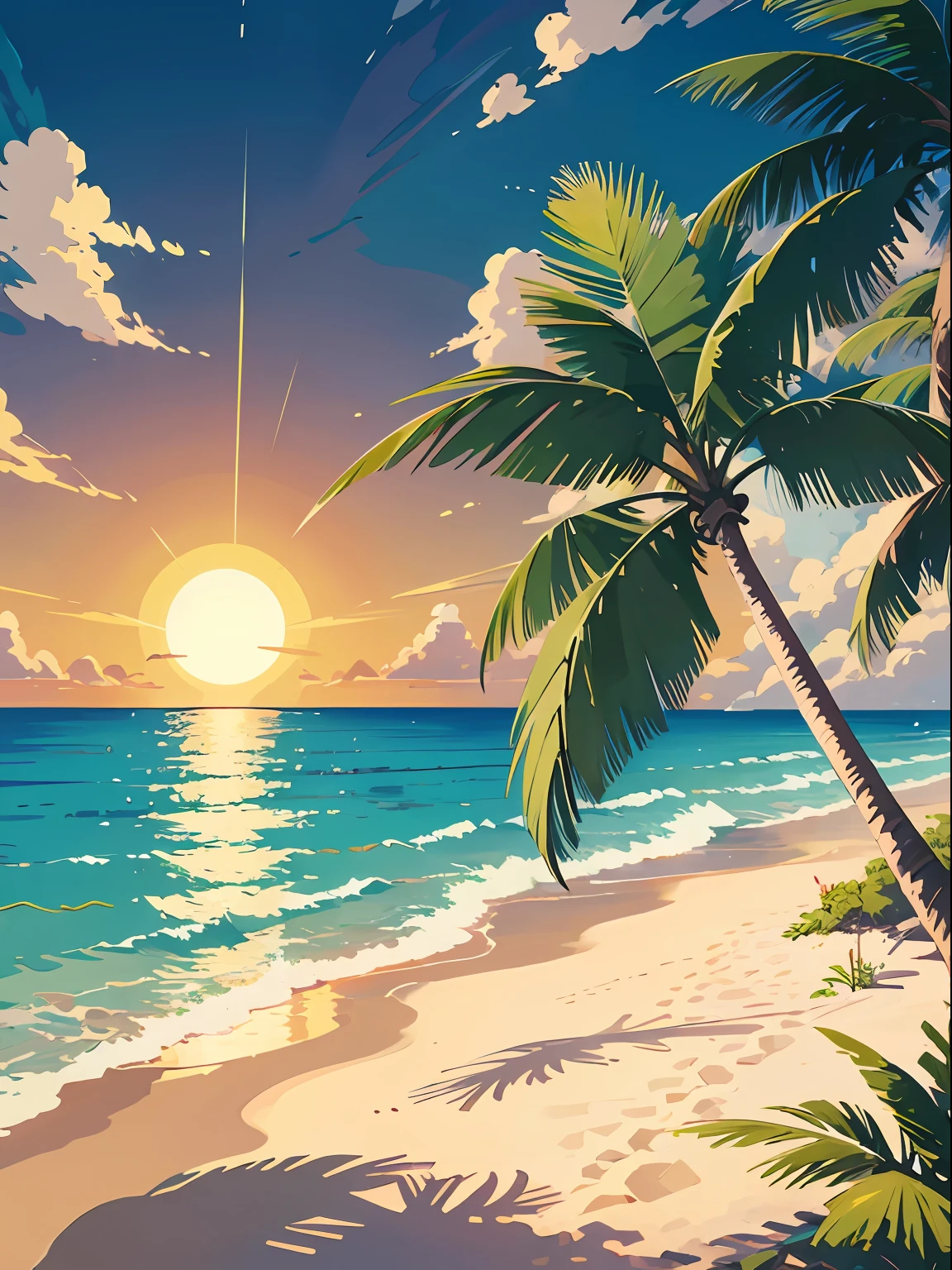 Vector graphics, summer, sun, ocean, coconut palms, beach, sand, pure landscape