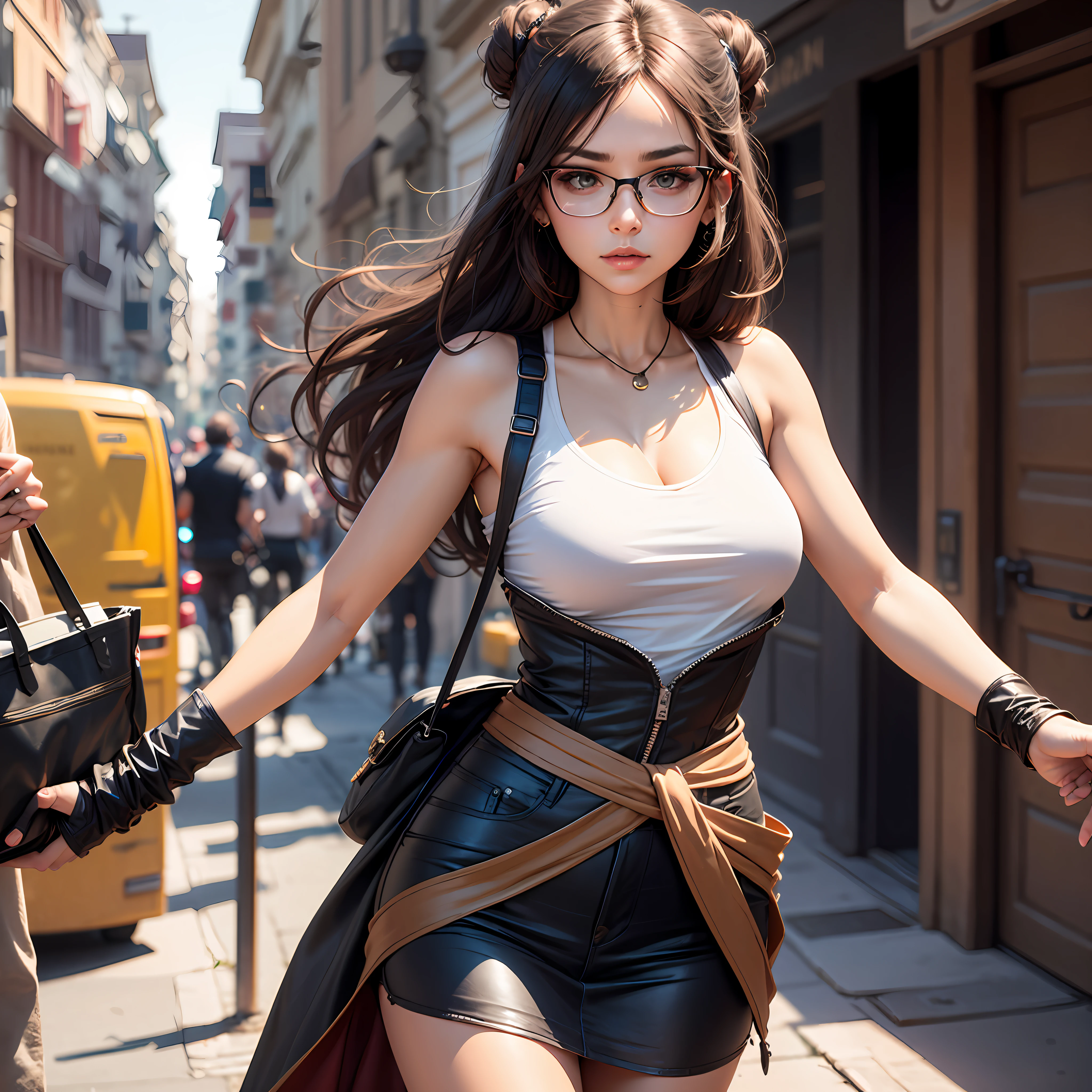 Create a female character only from the waist up, with glasses, empowering countenance, and piercing gaze --auto