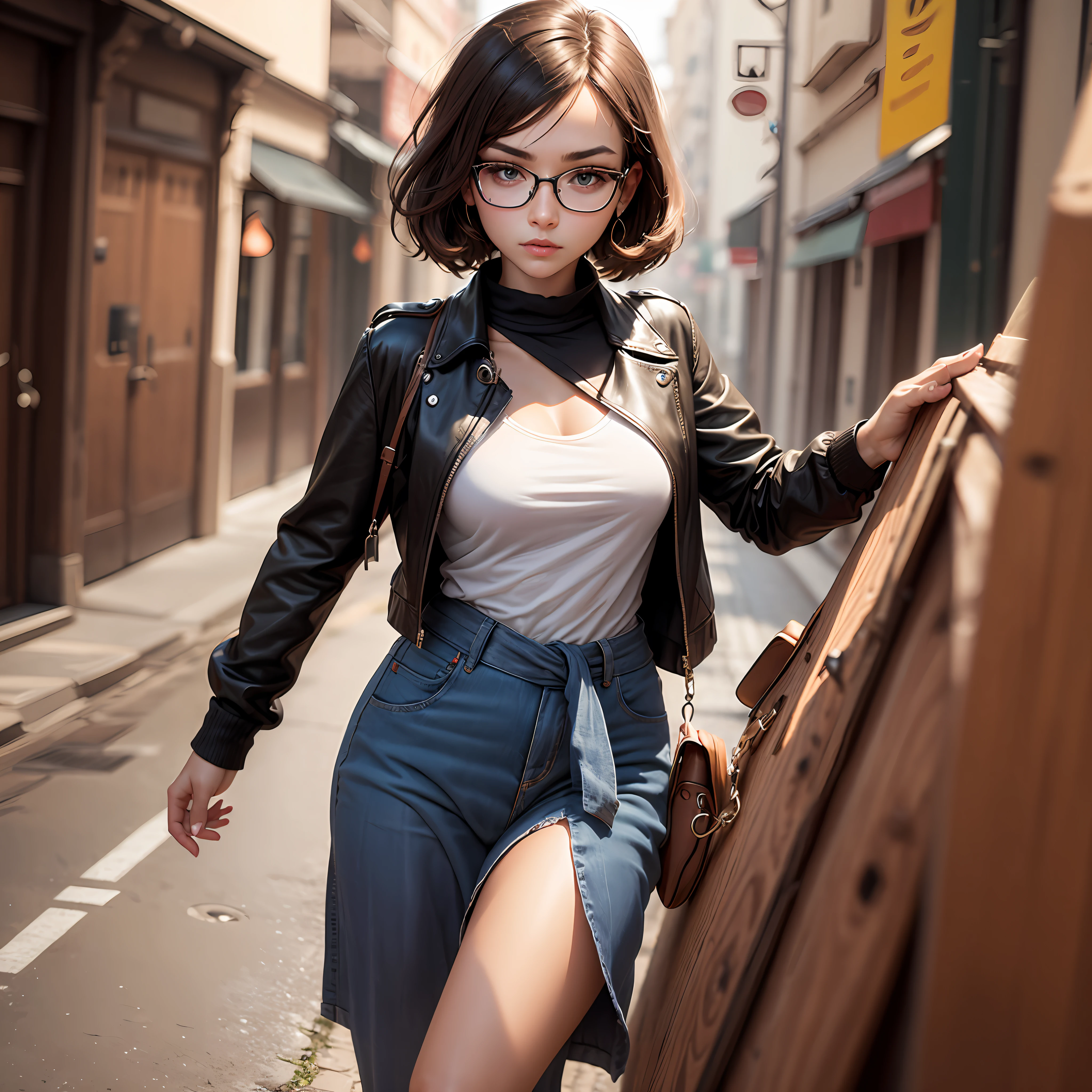 Create a female character only from the waist up, with glasses, empowering countenance, and piercing gaze --auto