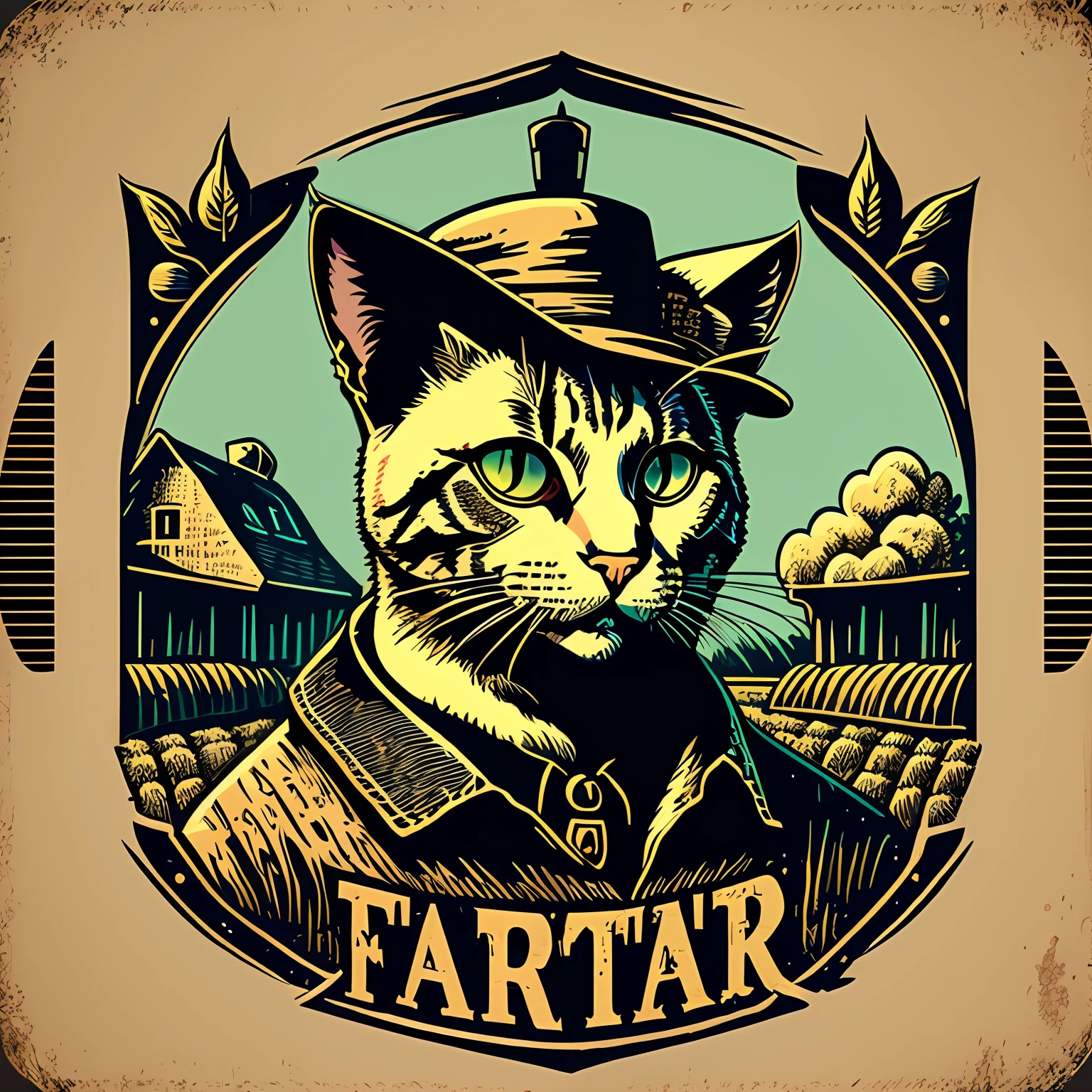 Front, Cat, Farmer, Farmer, Bust, Cartoon Style, New Zealand Print Style, Vintage Style, Fine Details, 4K, HD, High Quality --auto