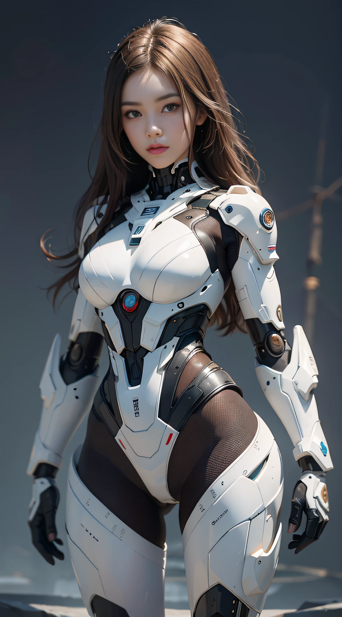 A girl looking at the audience, brunette hair, long hair, mechanical, high detail, futuristic, realism, (full body: 1.5), UHD, masterpiece, anatomically correct, super detail, best quality, high resolution, 8k, HD, white mecha, high-tech mecha, (full body: 1.5), frontal, perfect facial proportions, upright body, beautiful eyes, perfect face, detailed face, elegant, simple background, epic realism, cinematic lighting,