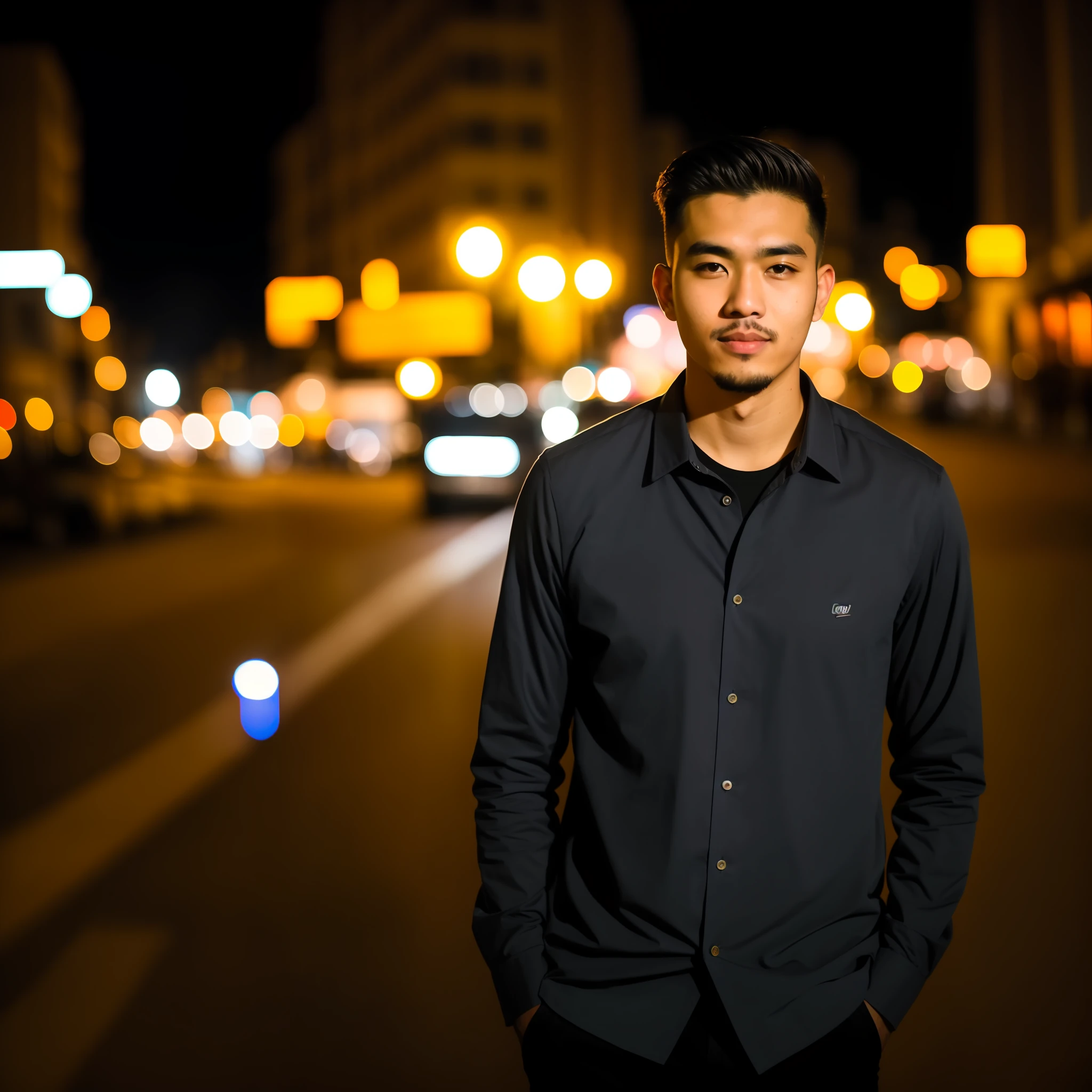 RAW photo, a portrait photo of 25 y.o man in casual clothes, night, city street, (high detailed skin:1.2), 8k uhd, dslr, soft lighting, high quality, film grain, Fujifilm XT3
