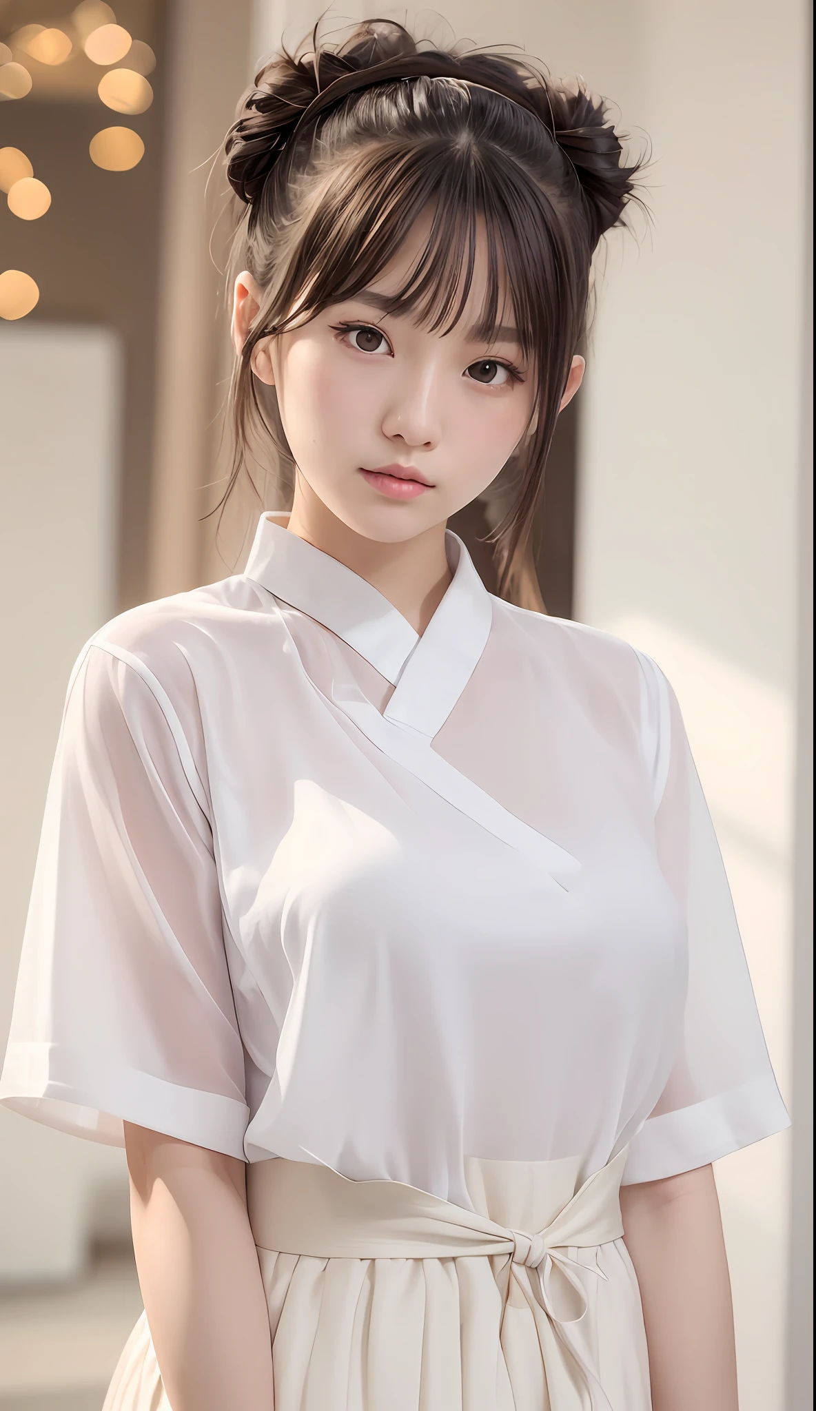 a close up of a woman wearing a white shirt and pink skirt, white hanfu, white hime cut hairstyle, with acient chinese clothes, japanese clothes, korean girl, traditional chinese clothing, beautiful south korean woman, korean woman, smooth white tight clothes suit, japanese model, wearing japanese school uniform, chinese girl, white uniform, japanese girl school uniform