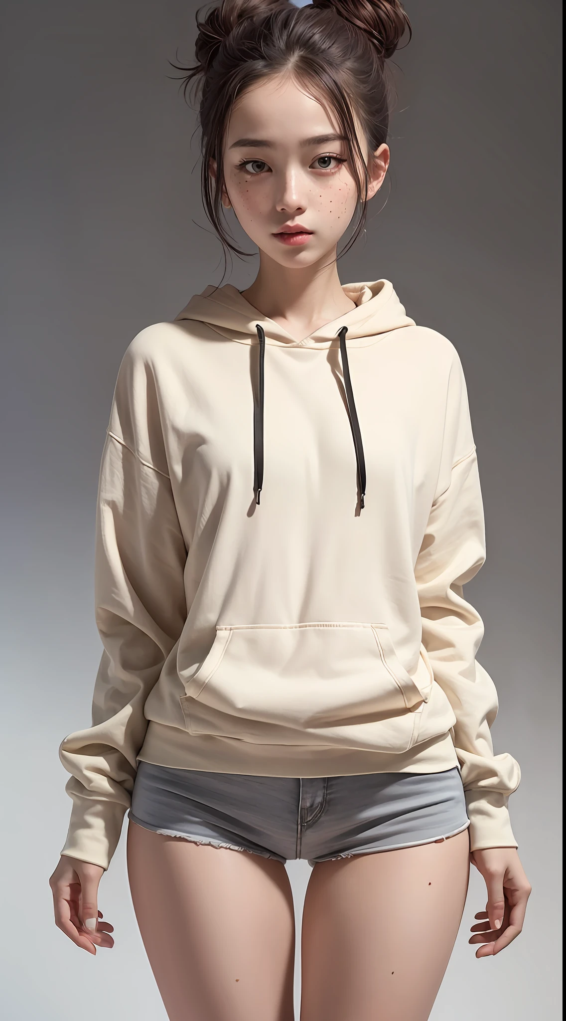 raw photo, intricate details, textured skin, dynamic pose, 1girl, korean, pale skin, messy bun, (no eyelids:1), freckles, oversized hoodie, small waist:1, (wide thigh gap:1.2), gradient background, best quality, 16k, masterpiece