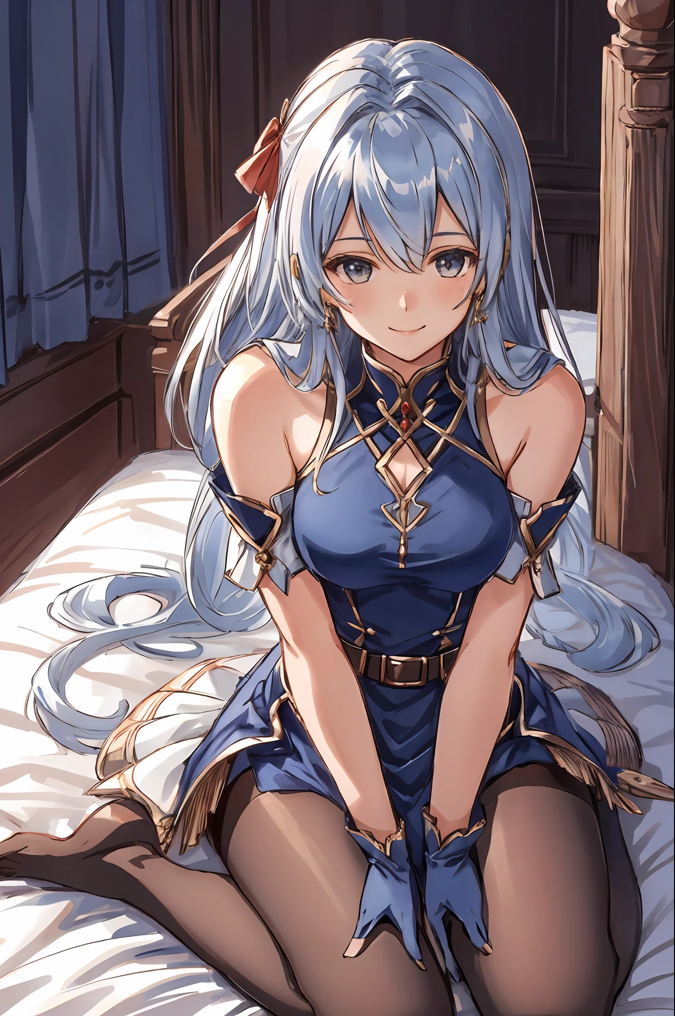 micaiah fe, 1girl, solo, looking at viewer, sitting, seiza, on bed, seductive smile, dress, bare shoulders, ribbon, pantyhose, gloves, belt, blue scarf, sleeveless, gloves, thick thighs, seiza, open legs,