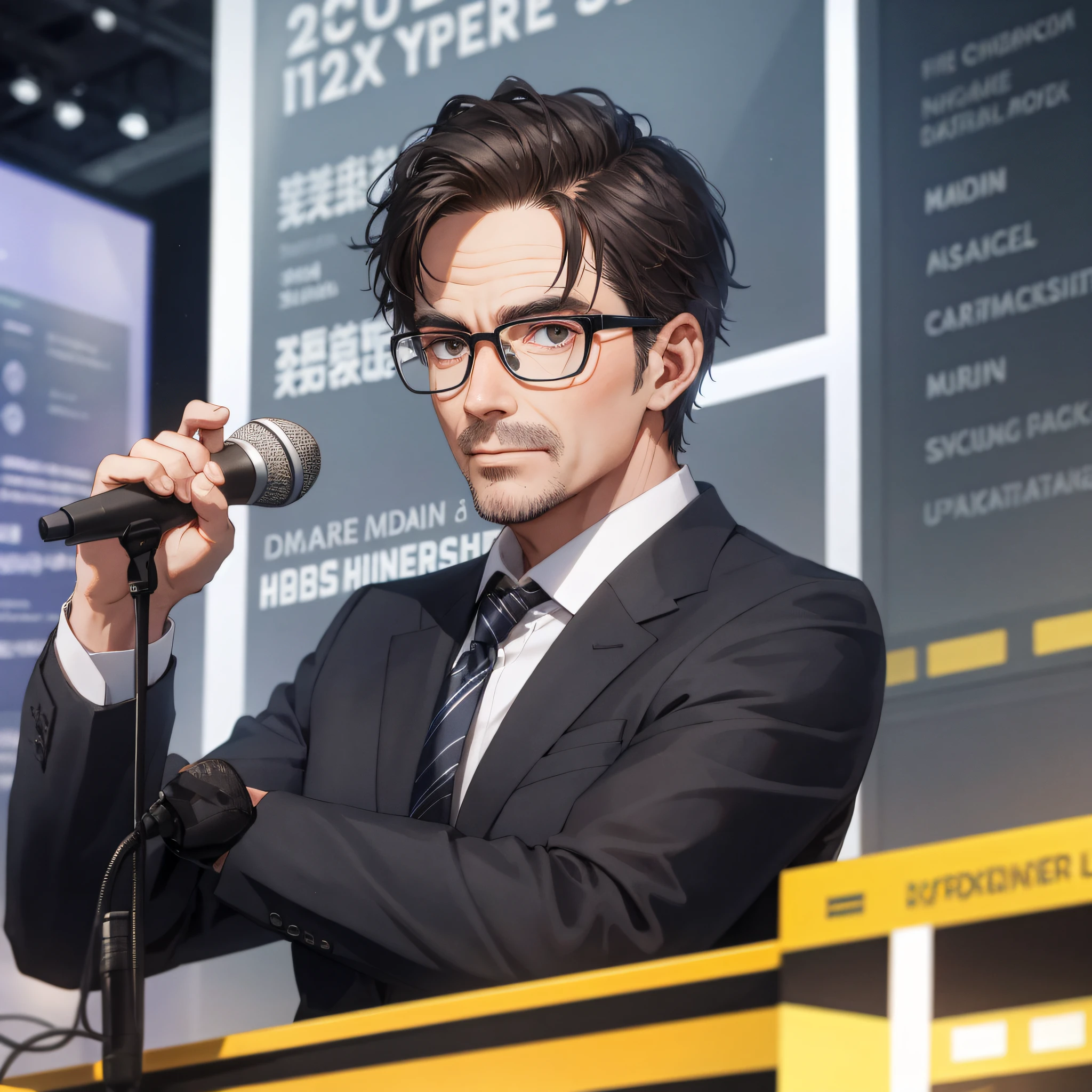 Absurd resolution, high resolution, (master masterpiece: 1.4), hyper-detail, talk show commentator, middle-aged male professor in suit, wearing glasses, sitting, holding a microphone, curious expression