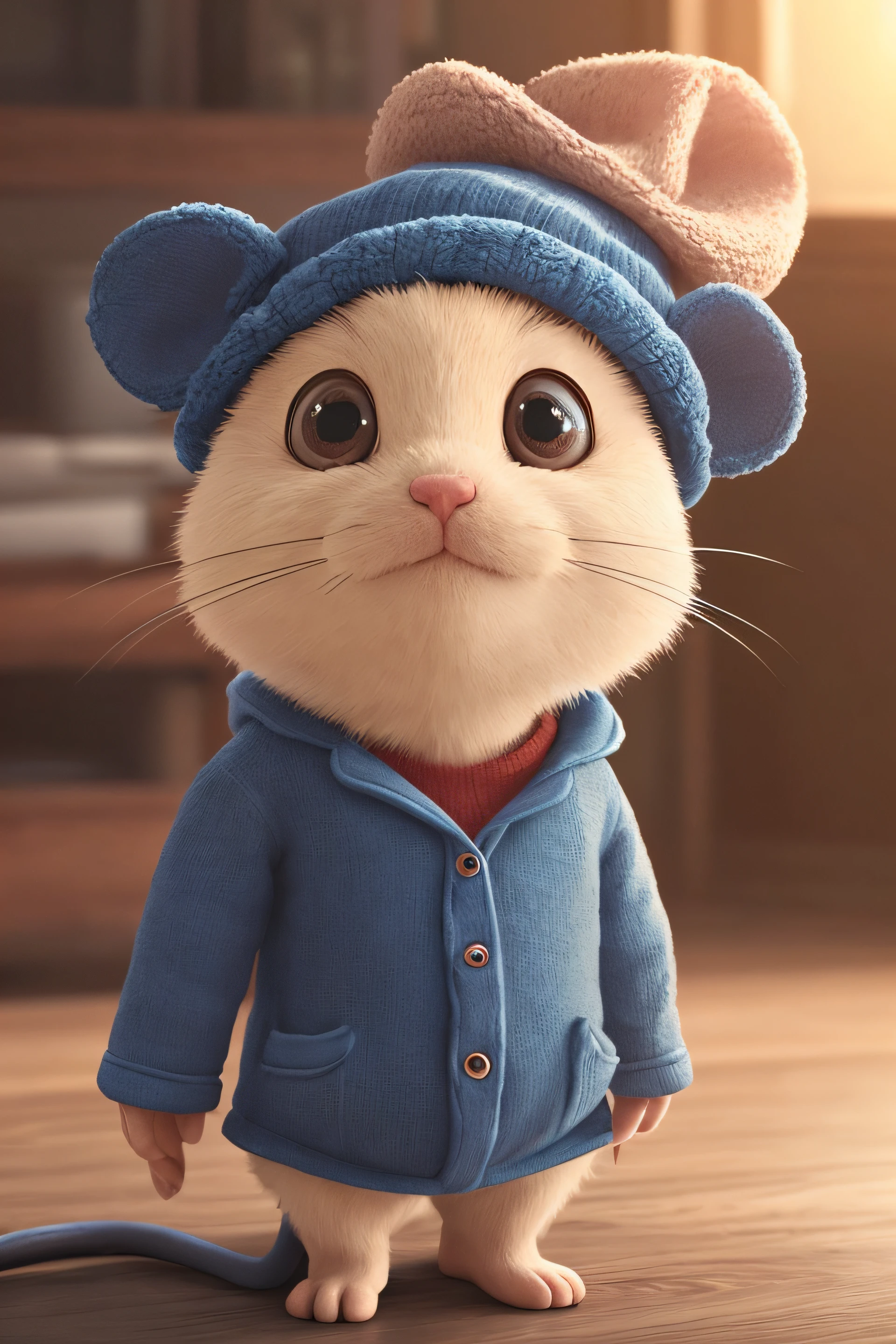 Pixar style, a cute little mouse in pajamas with cute blue hat, anthropomorphic, dramatic lighting, 8K, reality, fine details, photorealism movies, intricate details, lighting, realistic 8K, HD --ar 9:16 --auto