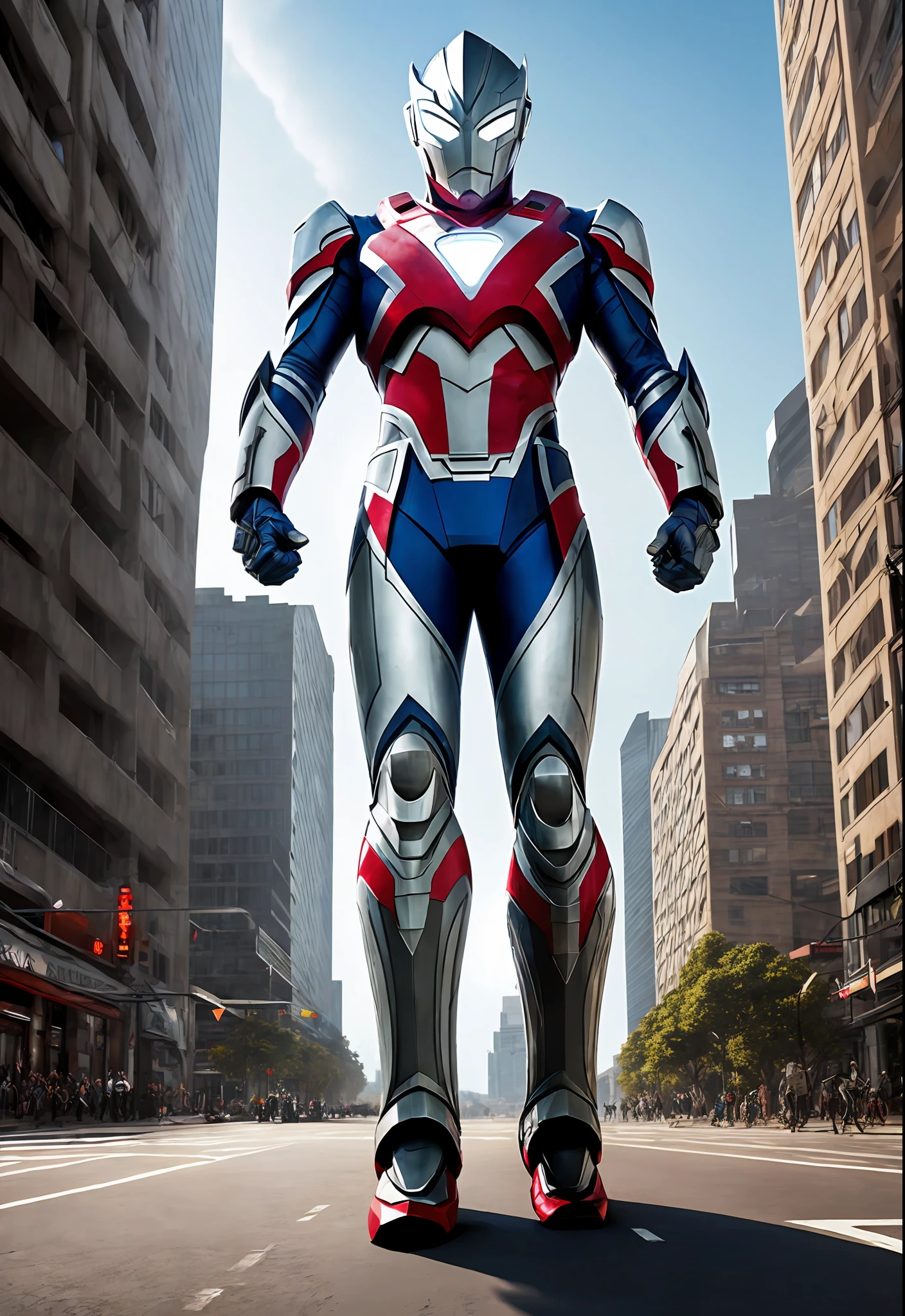 Ultraman,mecha,armor, giant hero, glowing red eyes, city, architecture, noon, (full body), cinematic lighting, highly detailed, HDR, reality, ((detailed background))), perfect anatomy,