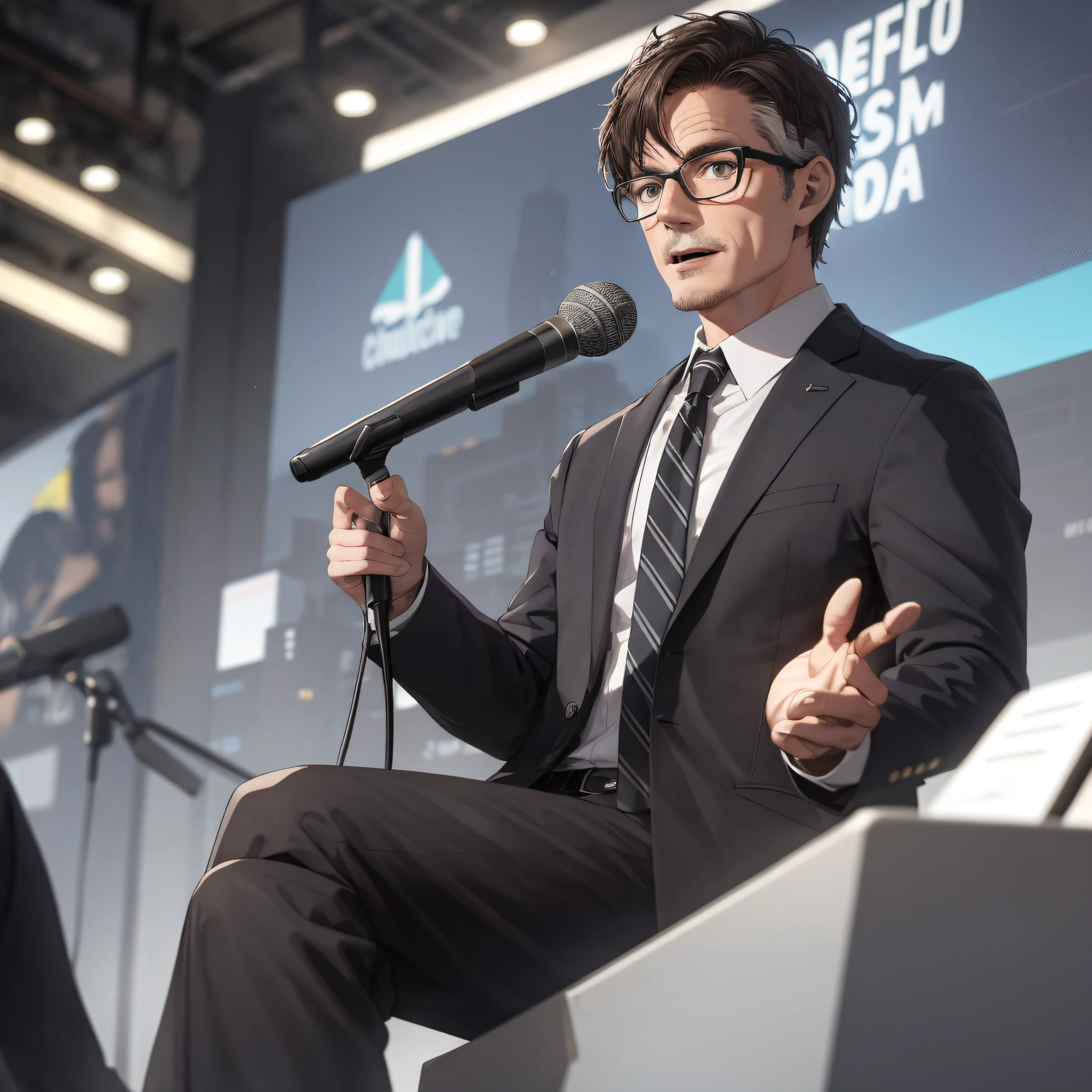 Absurd resolution, high resolution, (master masterpiece: 1.4), hyper-detail, talk show commentator, middle-aged male professor in suit, wearing glasses, sitting, holding a microphone, curious expression