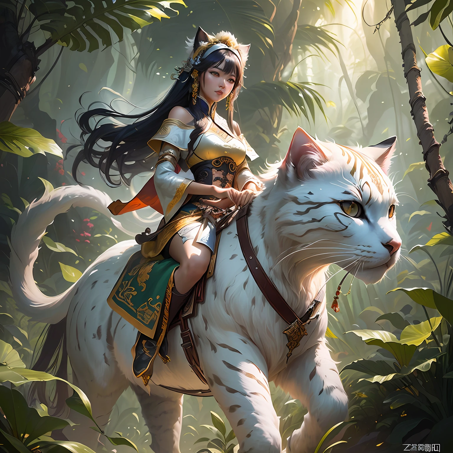 "There's a Woman Riding a White Persian Cat in the Jungle" by Yang J, cgsociety, Zhong Fenghua, Fantasy Art Behans, Pan Chengwei on ArtStation, by Jason Chan, Fantasy Art Style, Li Song, Ryan Yee, [cgsociety trends]!, Deviantart artstation cgscosiety, by Chen Lin