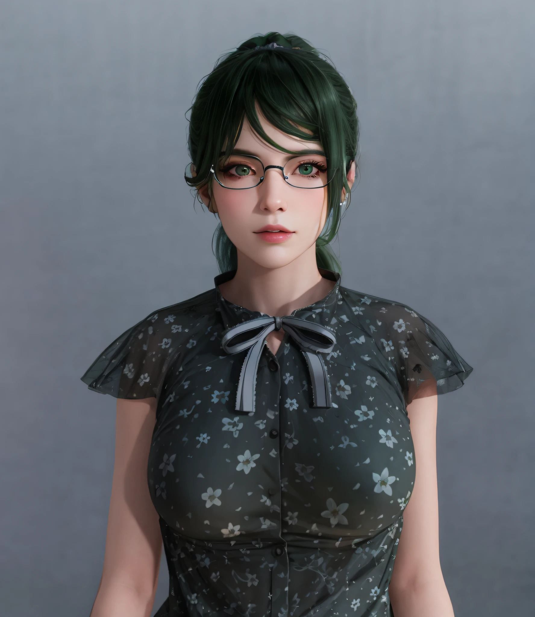 Masterpiece, Best Quality, High Quality, HD, High Quality Textures, High Quality Shadows, High Detail, Realism, Cinematic Light, Side Light, Lens Halo, Ray Tracing, Sharp Focus, Mature Women, Sexy Women, Dark Green Hair, Ponytail, Chest Exposed, Wearing Glasses