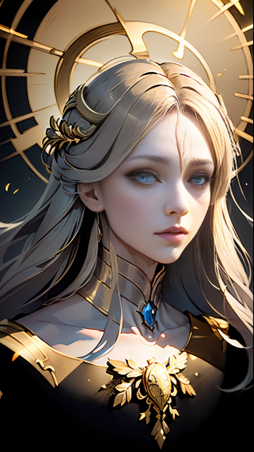 Masterpiece, (golden:1.5), best quality, ultra-detailed, enchanting facial features, black damask lace, dark painting style,portrait of a Evil goddess, long hair, celestial