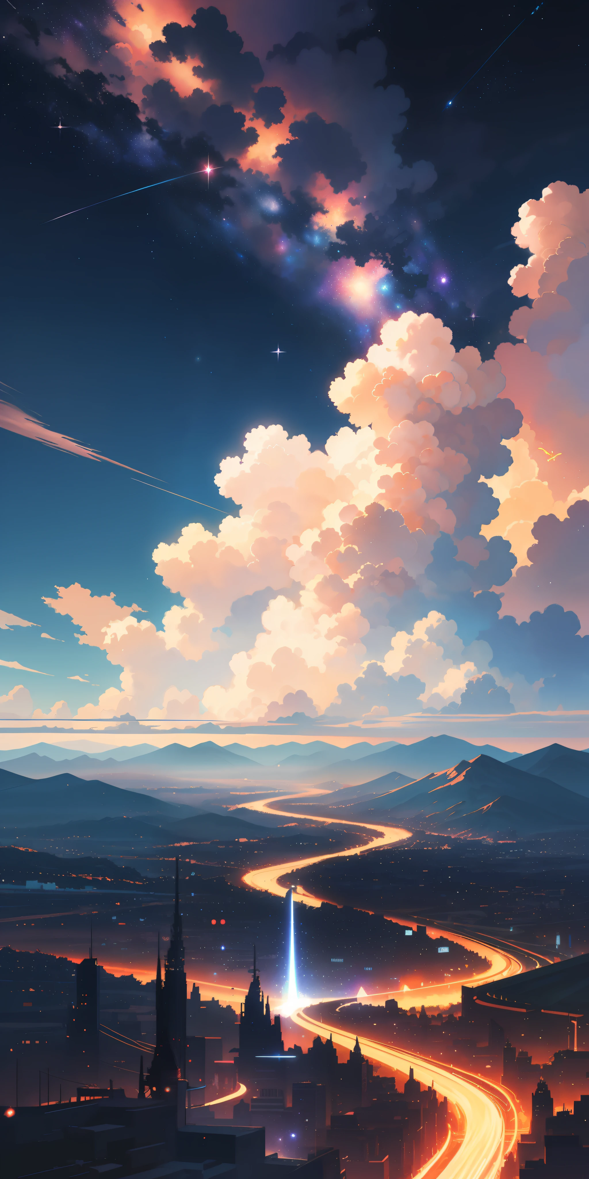 Summer, Makoto Shinka, concept art, tumblr, magic realism, beautiful anime scenes, beautiful skies. by makoto shinkai, anime background art, anime backgrounds, Makoto Shinkas style, anime movie backgrounds, galaxy express, glittery sky