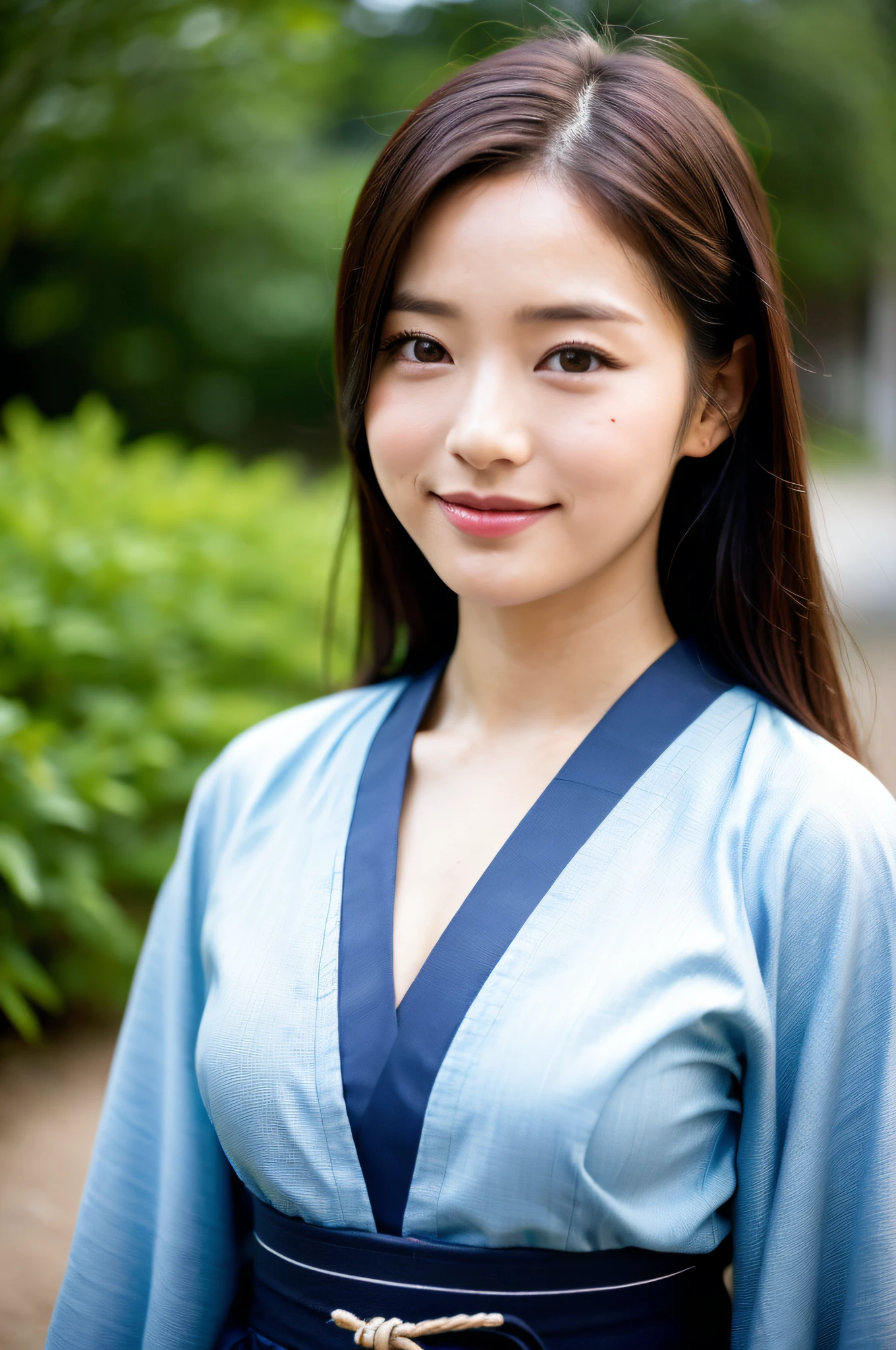 ((Best Quality, 8K, Masterpiece: 1.3)), Sharp Focus: 1.2, (Super Beautiful Face: 1.0), (Slender Abs Beauty: 1.0), (Shiny Skin: 1.0), Realistic Photography, Black Hair, Realistic Pupils, Video Lighting, High Definition Eyes and Face, Video Lighting, (Cowboy Shot: 1.3), (Kimono, Hakama, Obi: 1.4), (Korean Cute Actress), Traditional Kimono, Happiness, In Nature, Look at the audience, from the front, big