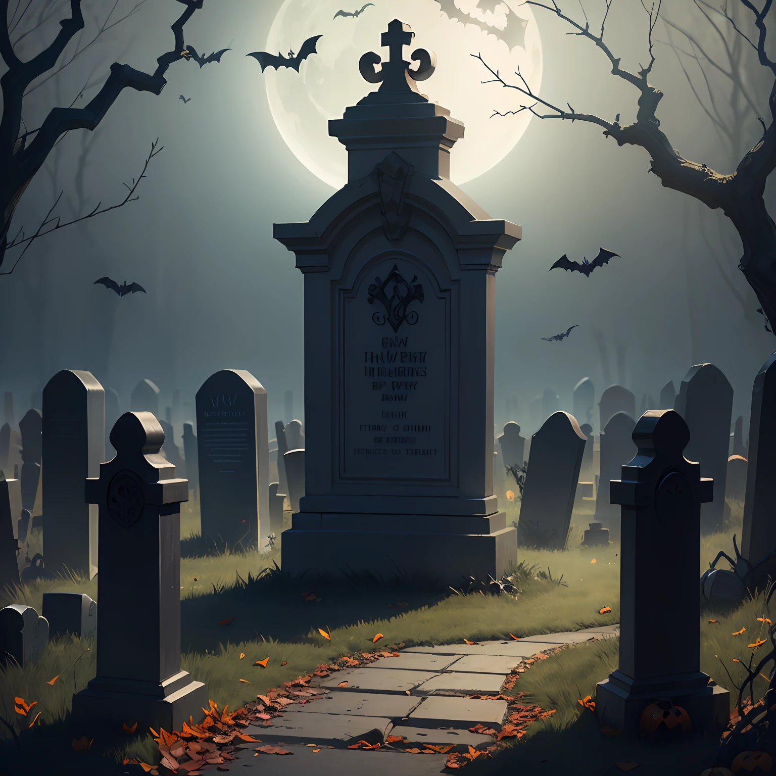 Halloween poster, gothic style, graveyard, iron thorns, bats, realistic ray tracing