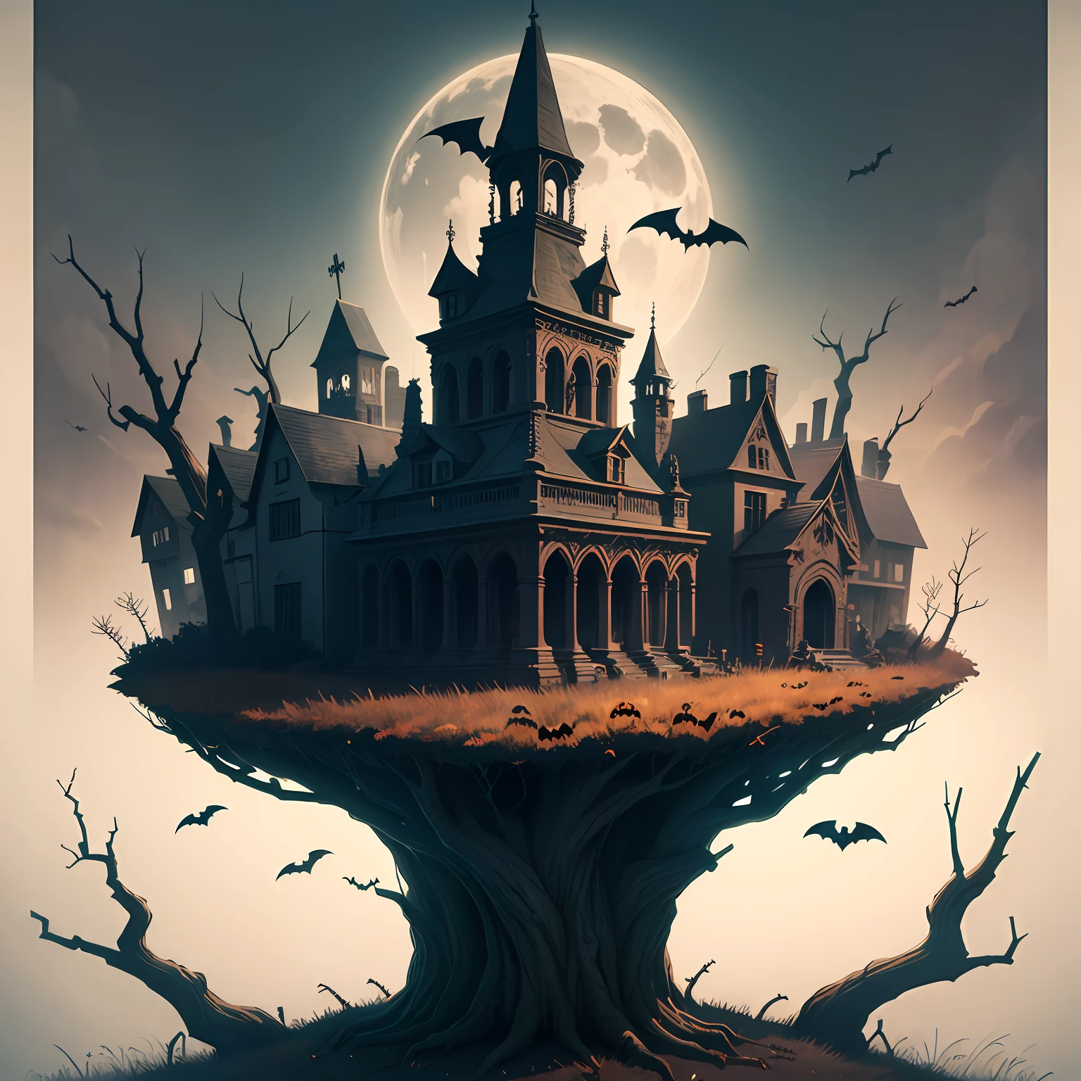 Halloween poster, gothic style, graveyard, iron thorns, bats, realistic ray tracing