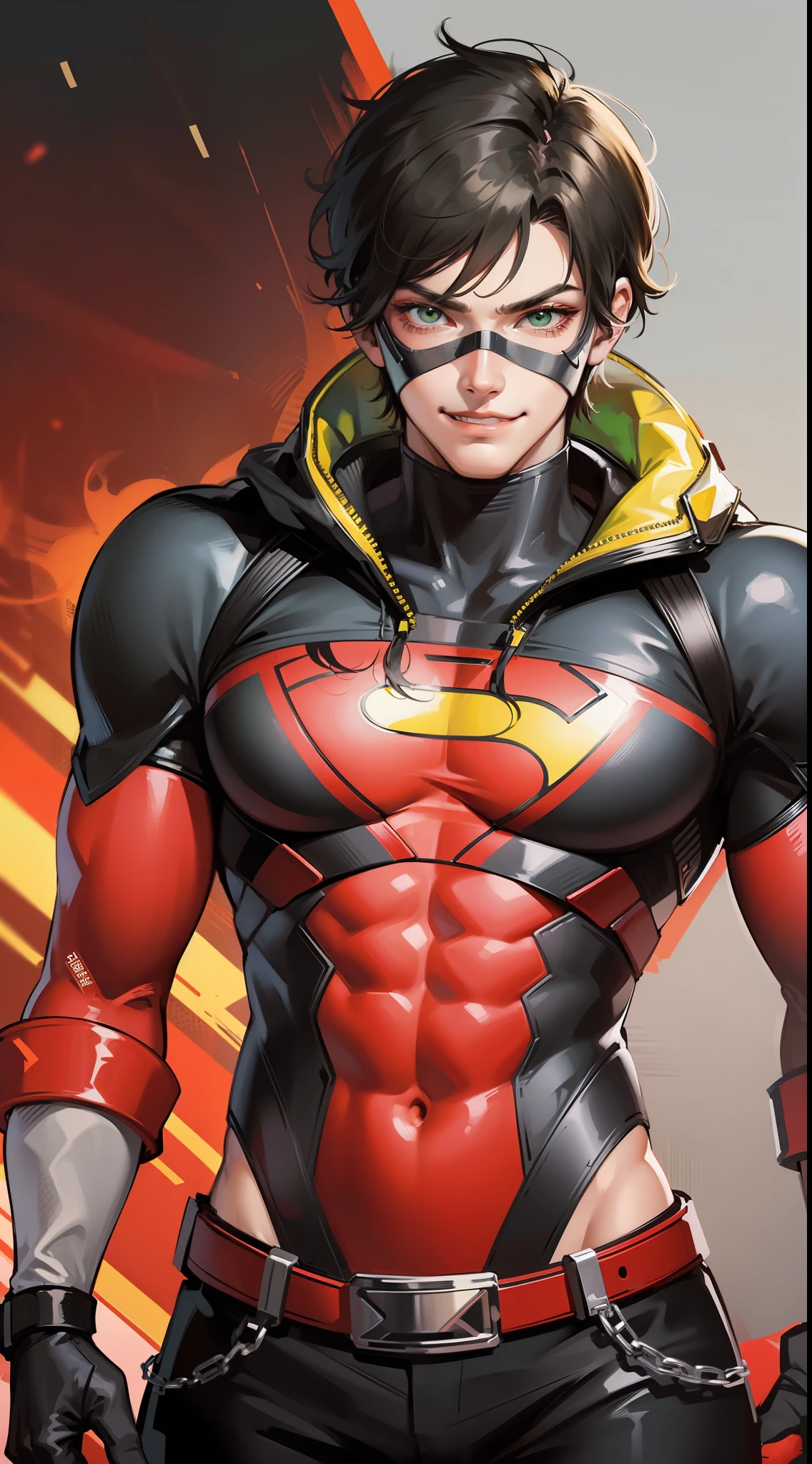 Young guy, short black hair, green eyes, red superhero costume, superhero mask, dragon, smirk, muscles, masterpiece, high quality