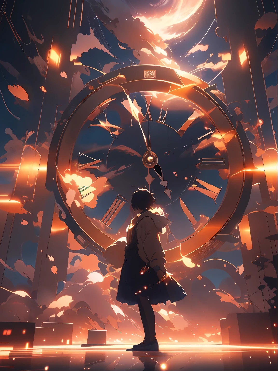 anime girl standing in front of a giant clock with a sky background, memory trapped in eternal time, infinite space clock background, ( ( makoto shinkai ) ), caught in the flow of time, astral clockwork, anime art wallpaper 8 k, anime art wallpaper 4k, anime art wallpaper 4 k, shards of time, ethereal anime