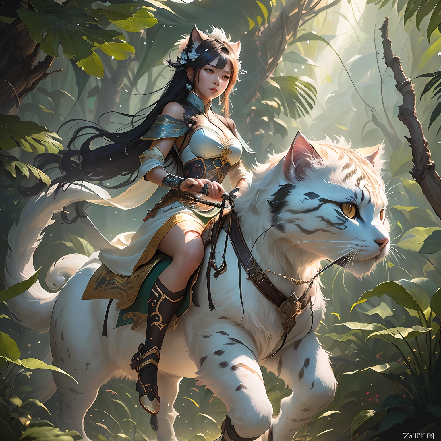 "There's a Woman Riding a White Persian Cat in the Jungle" by Yang J, cgsociety, Zhong Fenghua, Fantasy Art Behans, Pan Chengwei on ArtStation, by Jason Chan, Fantasy Art Style, Li Song, Ryan Yee, [cgsociety trends]!, Deviantart artstation cgscosiety, by Chen Lin