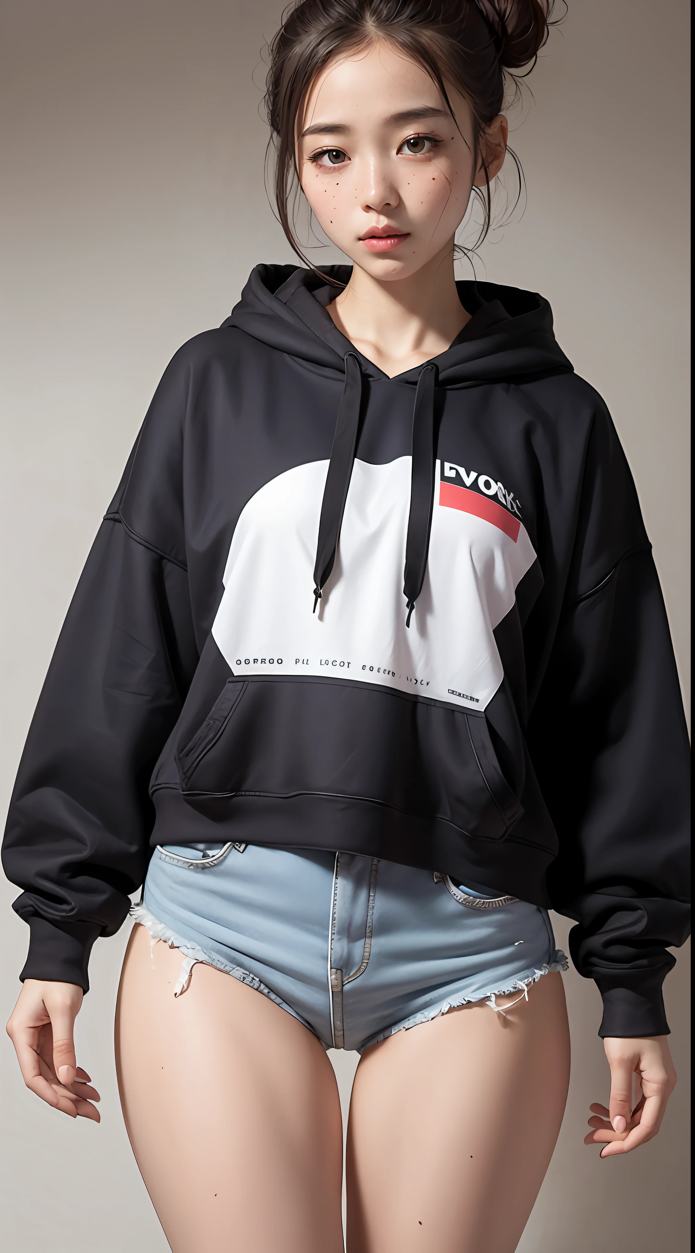 raw photo, intricate details, textured skin, dynamic pose, 1girl, korean, pale skin, messy bun, (no eyelids:1), freckles, oversized hoodie, small waist:1, (wide thigh gap:1.2), gradient background, best quality, 16k, masterpiece