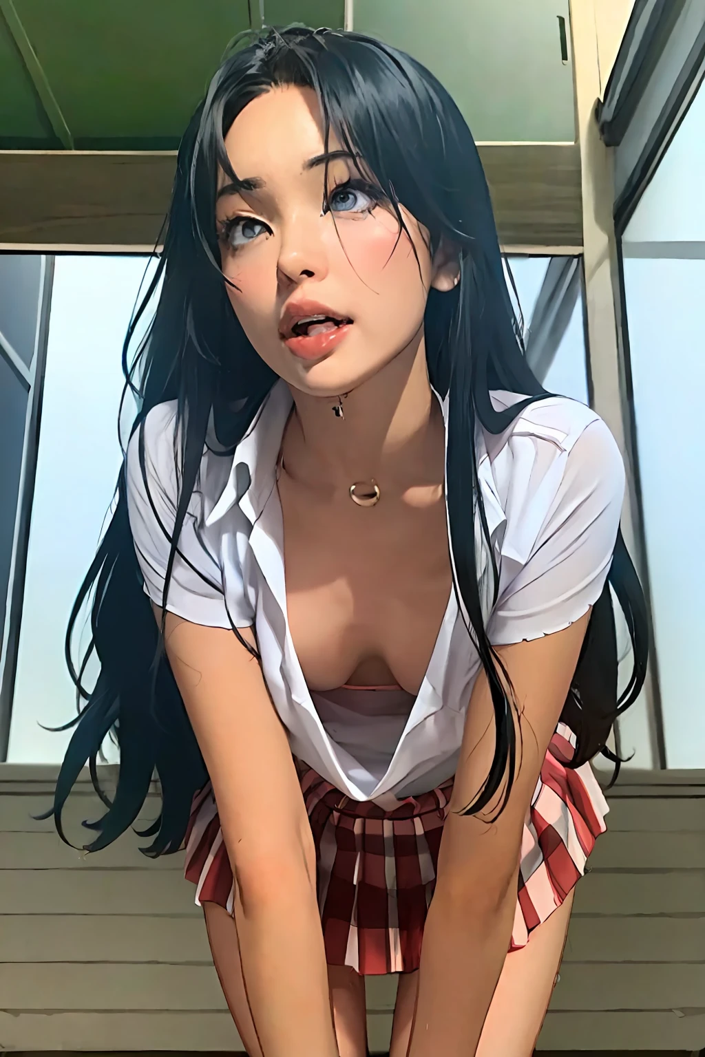 (masterpiece:1.2, best quality), 1girl, (make her yukino yukinoshita:1.5), slim, slender, green eyes, sharp eyes, small_breasts, flat_chest, leaning forward, facing viewer, from below, white shirt, pleated skirt, areola slip, down blouse, embarrassed, (ahegao:1.5), legs apart, on her knees, very long black hair, ^ ^, school