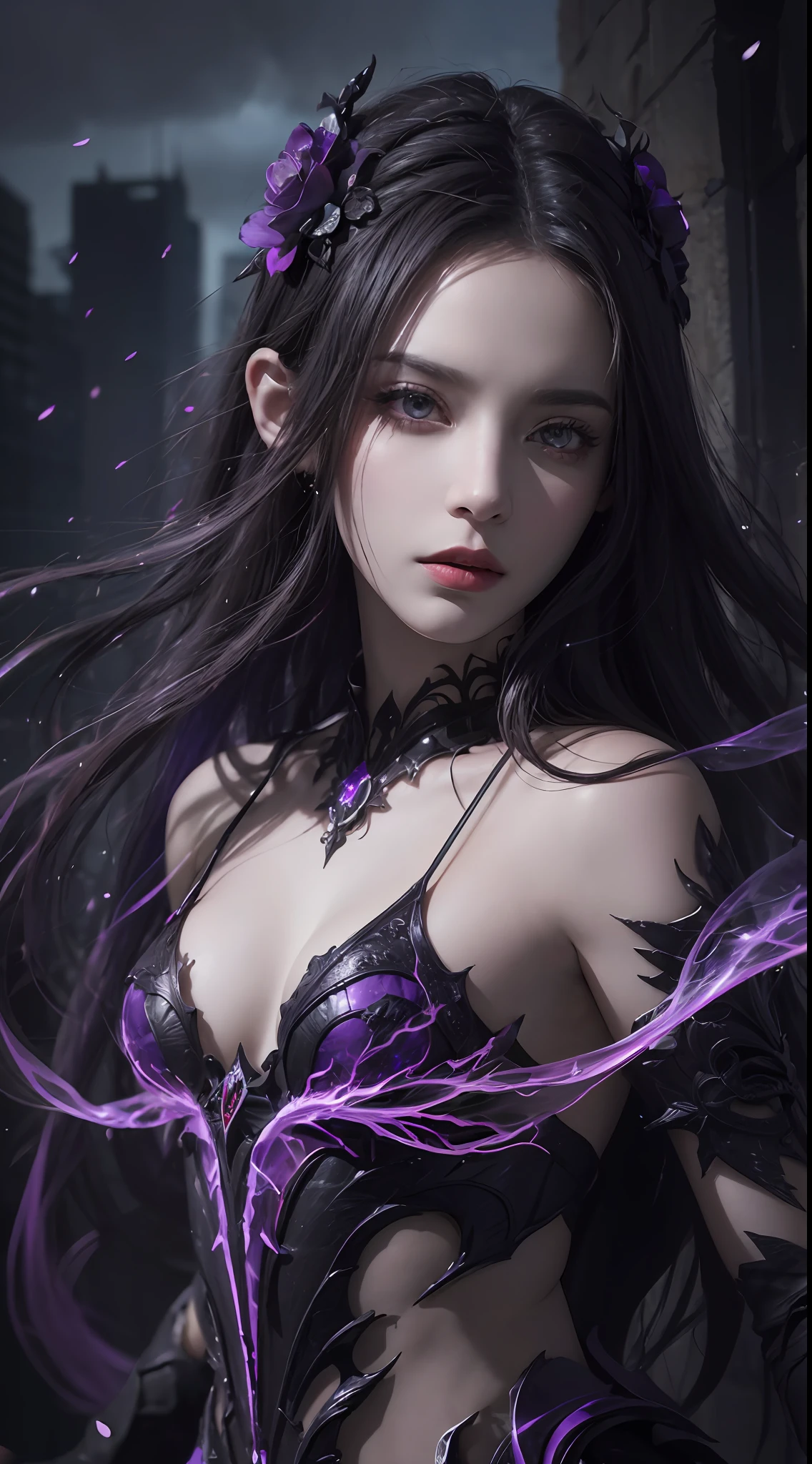 best quality, masterpiece, ultra high res, beautiful death goddess, dark witch, necromancer, intricate design, realistic details, powerful, mysterious, casting dark spell, dark purple aura, realistic darkness effect, purple particles, dark fantasy art style, ruined city, hyperrealism, realistic, dramatic lighting, cinematic