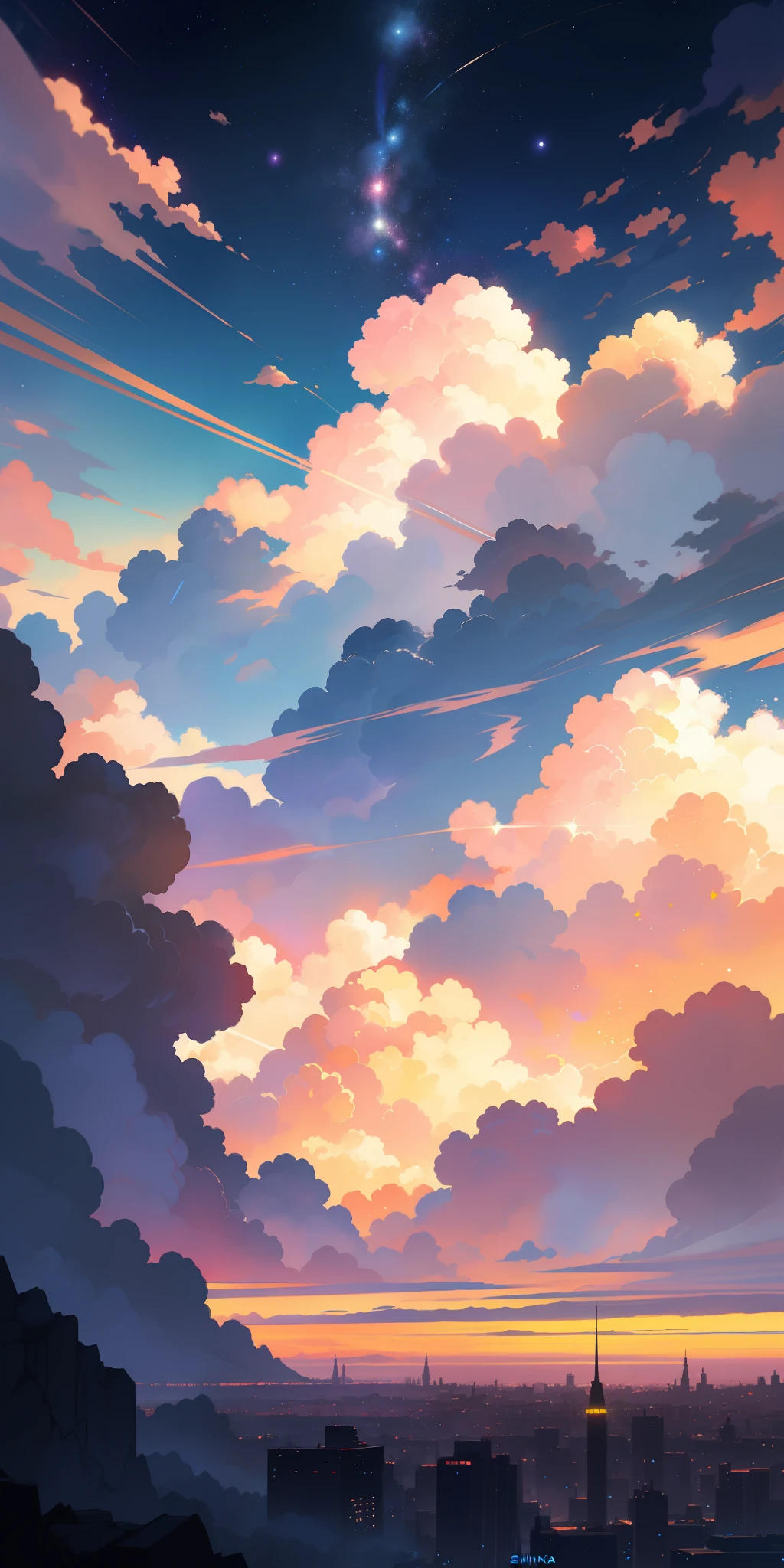 Summer, Makoto Shinka, concept art, tumblr, magic realism, beautiful anime scenes, beautiful skies. by makoto shinkai, anime background art, anime backgrounds, Makoto Shinkas style, anime movie backgrounds, galaxy express, glittery sky