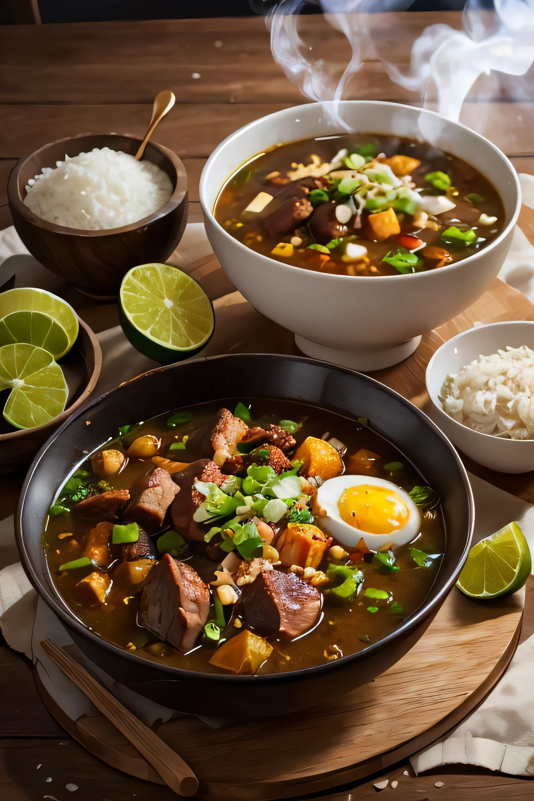 bowl of rawon with meat and salt egg and chili sauce on wooden table with lime, hot steam, photography, realistic,