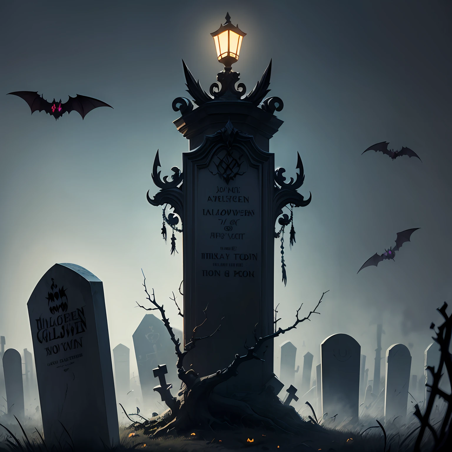 Halloween poster, gothic style, graveyard, iron thorns, bats, realistic ray tracing