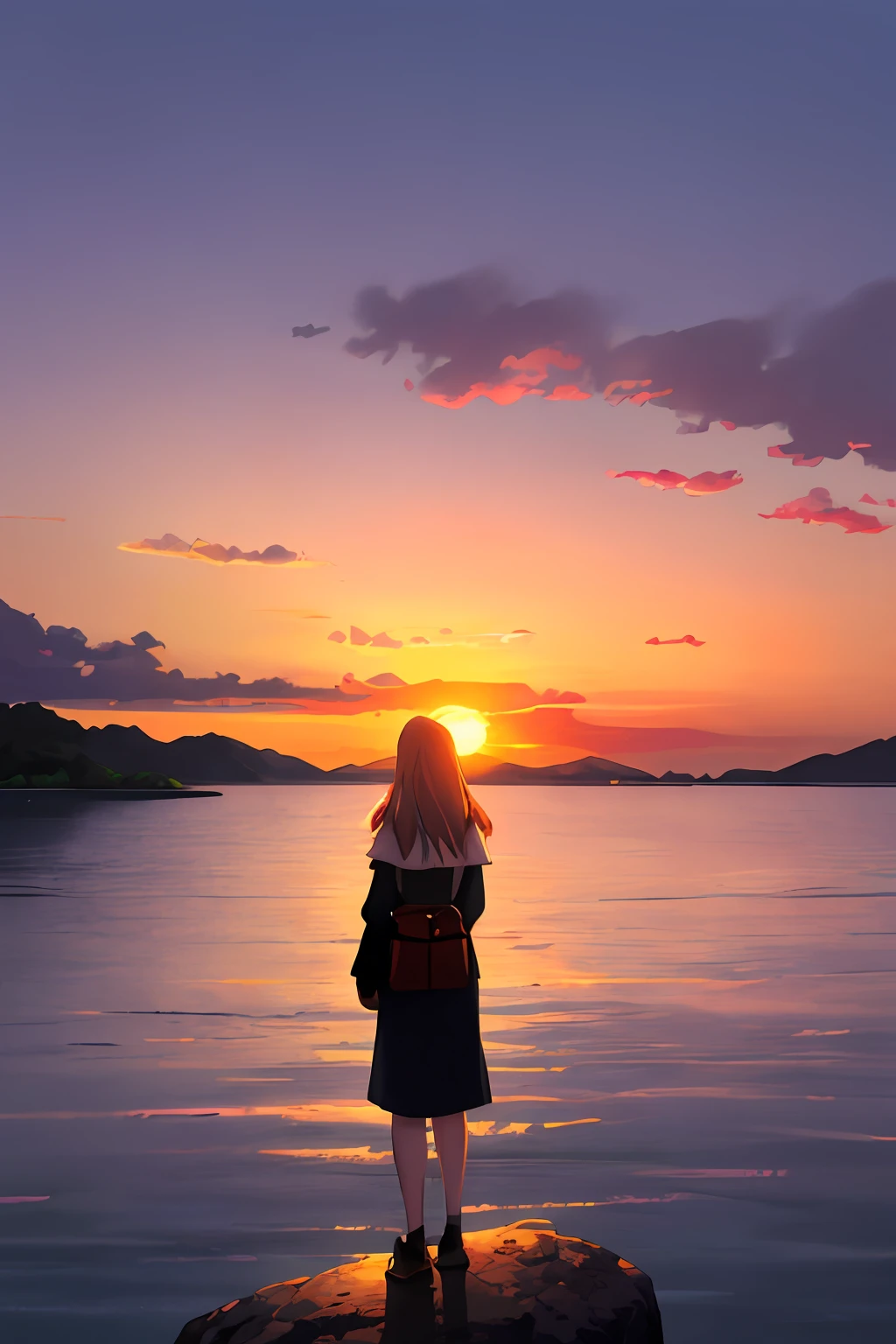 there is a woman standing on a rock in the water, girl watching sunset, looking at sunset, looking out at a sunset, watching the sun set. anime, watching the sunset, with a sunset, sunset kanagawa prefecture, at a beautiful sunset, beautiful girl on the horizon, with sunset, at sunrise, during sunrise, looking off into the sunset, during a sunset