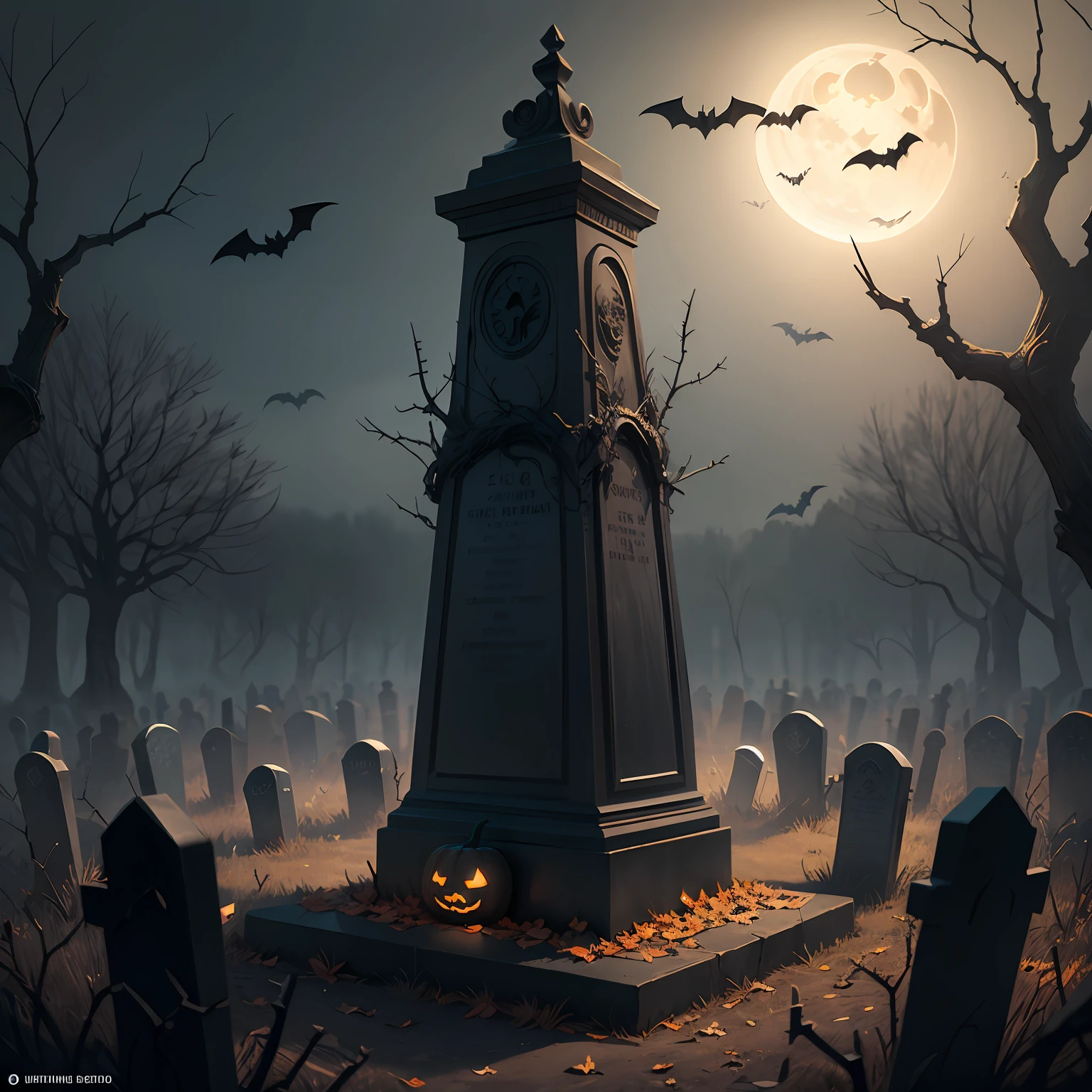 Halloween poster, gothic style, graveyard, iron thorns, bats, realistic ray tracing
