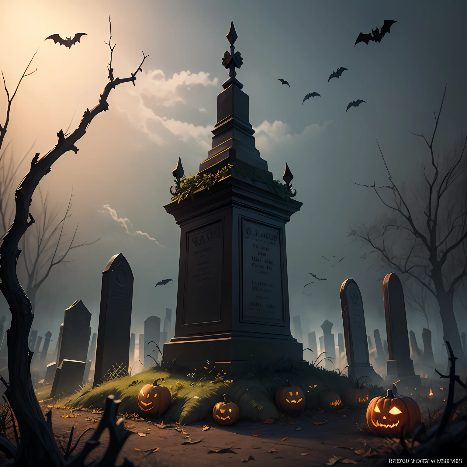 Halloween poster, gothic style, graveyard, iron thorns, bats, realistic ray tracing