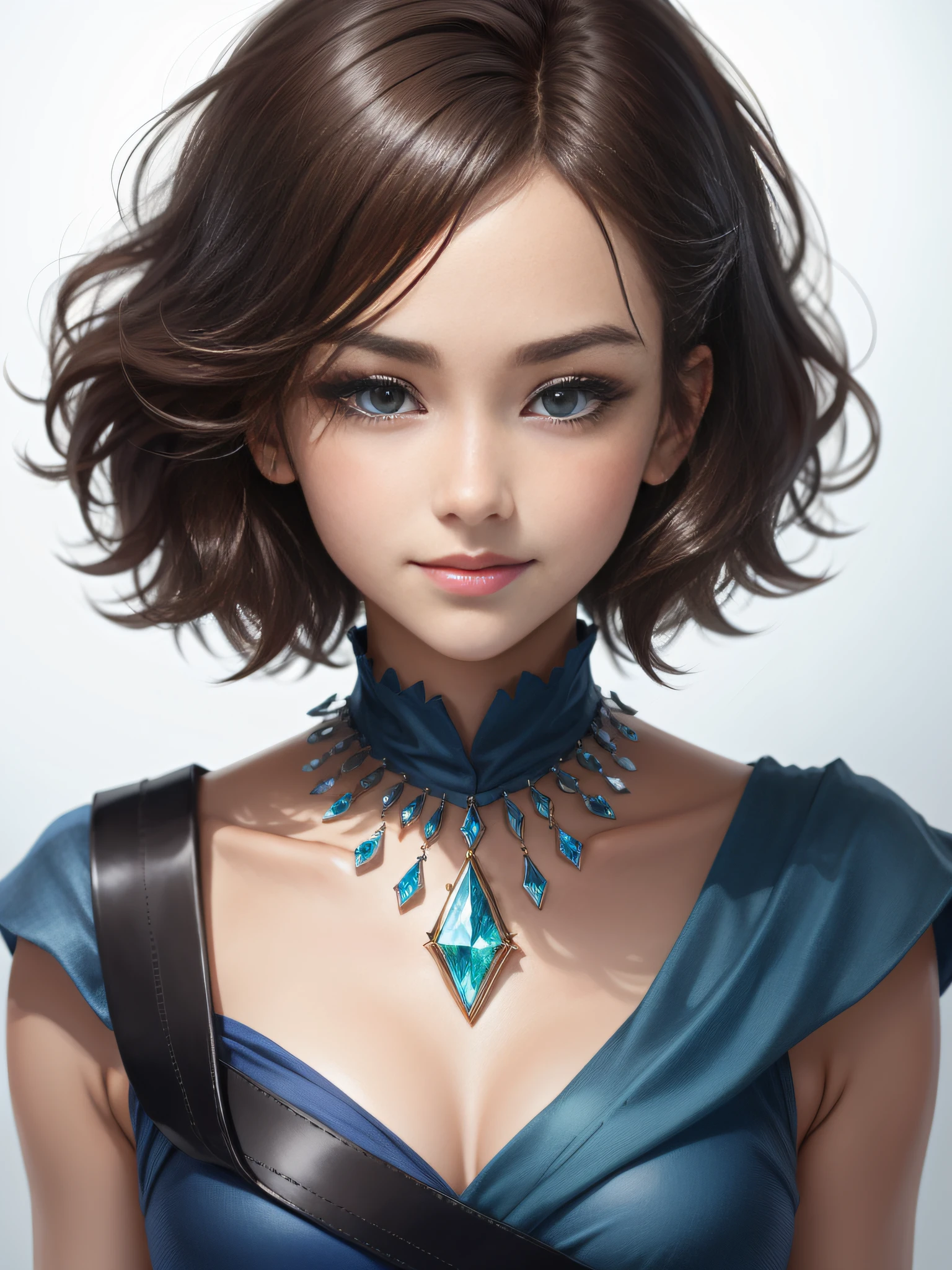 Brown hair man on white background, round face with smile, round face, realistic portrait of kawaii, big blue eyes, blue silk dress, blue and green light luxury necklace, necklace diamond texture, CG rendering, non-realistic, short hair, 8K highly detailed face, round face, single realistic face, Guweiz style artwork, Korean symmetrical face, beauty filter, fair and beautiful face, realistic, virtual character, full body, clear jawline, bright picture, white and tender skin, HD picture, all around sparkling, Diamonds sparkle