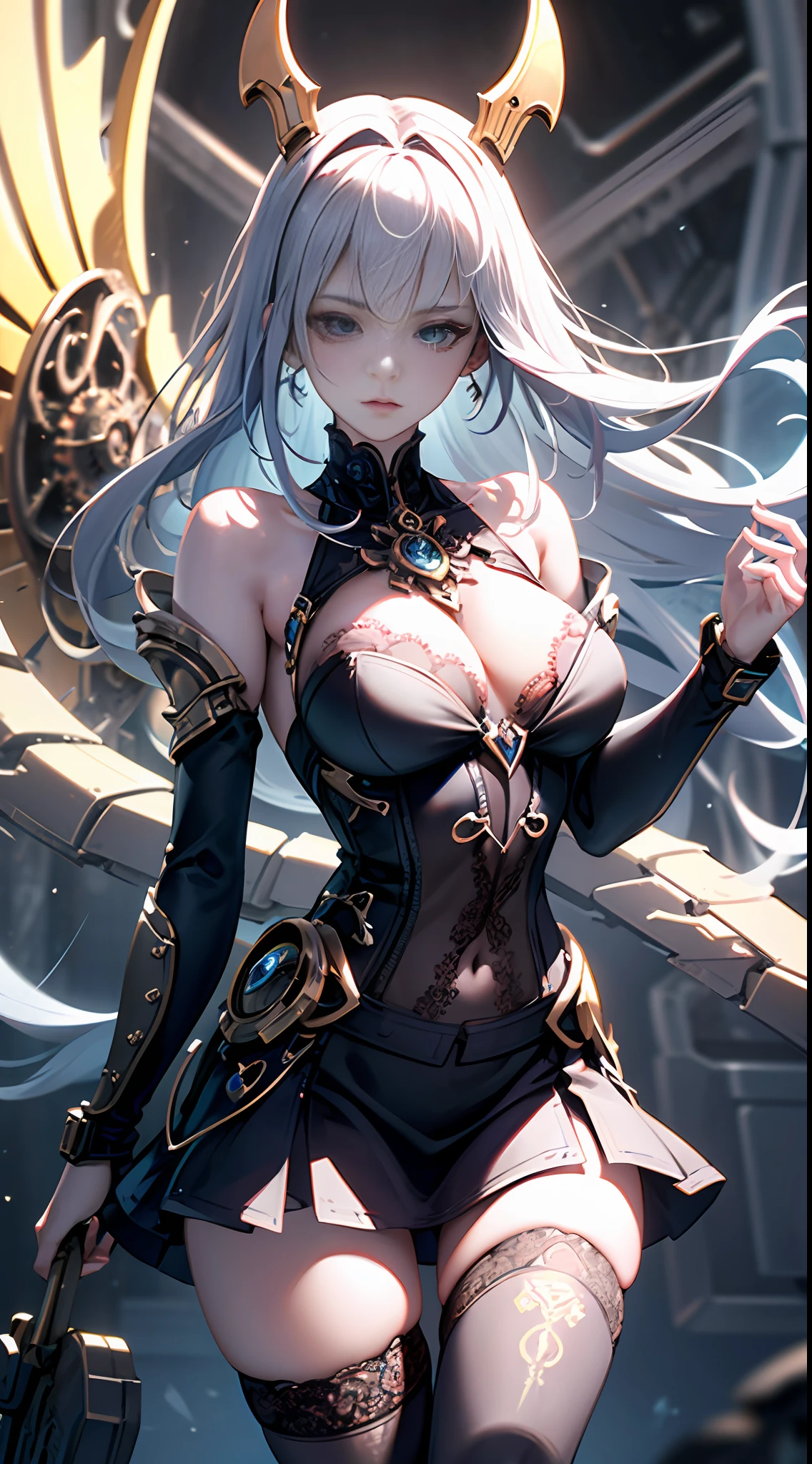 Wizard girl. ((Best quality)), ((masterpiece)), (detailed:1.4), 3D, Dynamic Action Pose, Invoke Magic, Mechanical Magic Weapons, very slender long legs, lace stockings on the knee, steampunk headgear, fluttering lace flared mini skirt, off-shoulder fashion with a fusion of detailed and intricate steampunk and detailed gothic ta, upward and beautiful small breasts, Clean long silver hair, long vertical curly hair, wind driven, futuristic complex steampunk factory background, infinite dark universe, flying celestial bodies, countless celestial neon lights raining down from the heavens, cinematic lighting,,HDR (High Dynamic Range),Ray Tracing,NVIDIA RTX,Super-Resolution,Unreal 5,Subsurface scattering,PBR Texturing,Post-processing,Anisotropic Filtering,Depth-of-field,Maximum clarity and sharpness,Multi-layered textures,Albedo and Specular maps,Surface shading,Accurate simulation of light-material interaction,Perfect proportions,Octane Render,Two-tone lighting,Wide aperture,Low ISO,White balance,Rule of thirds,8K RAW,