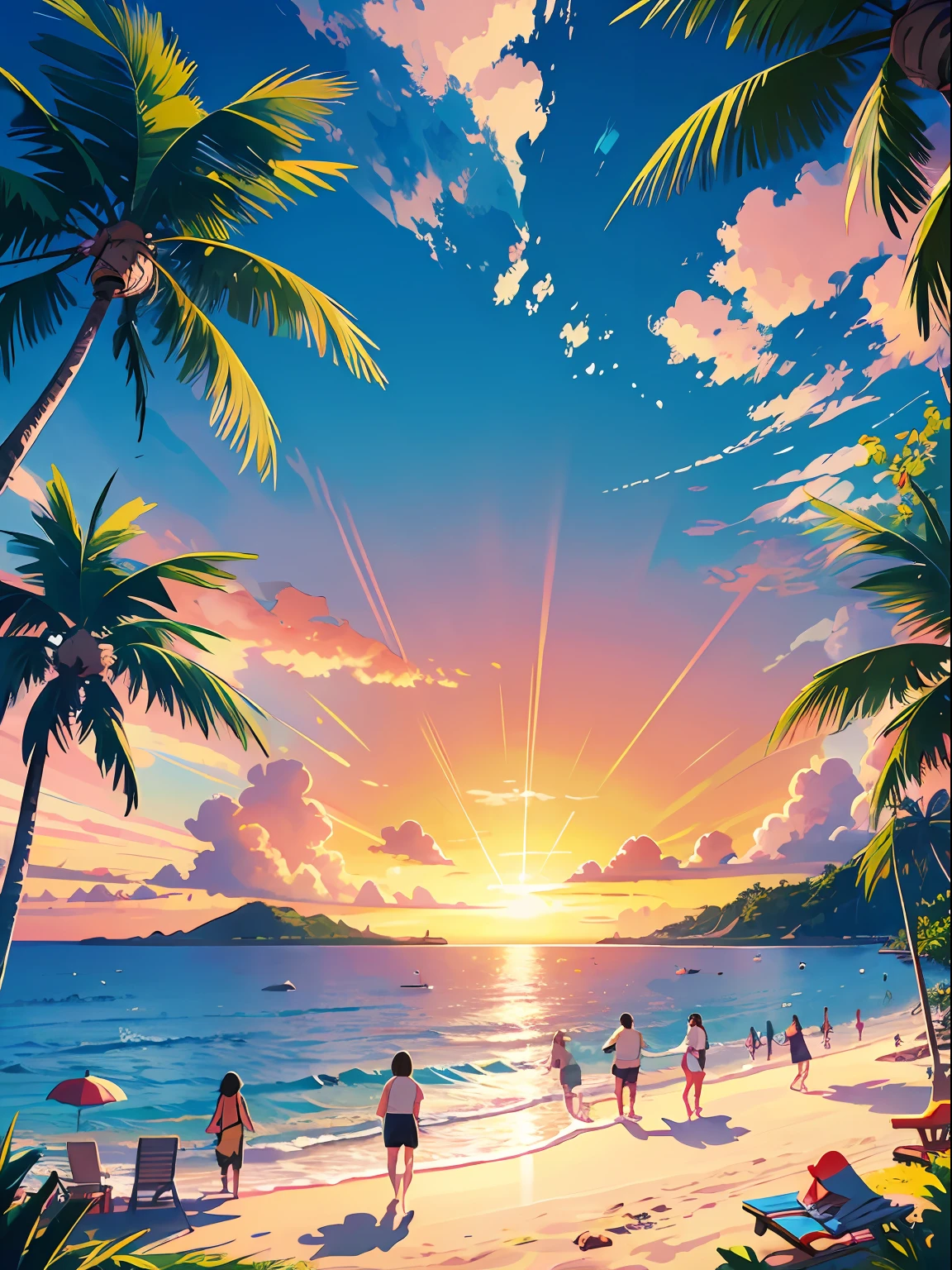 Vector graphics, summer, sun, ocean, coconut trees, beach, beach line, crowd, sunset, pure landscape