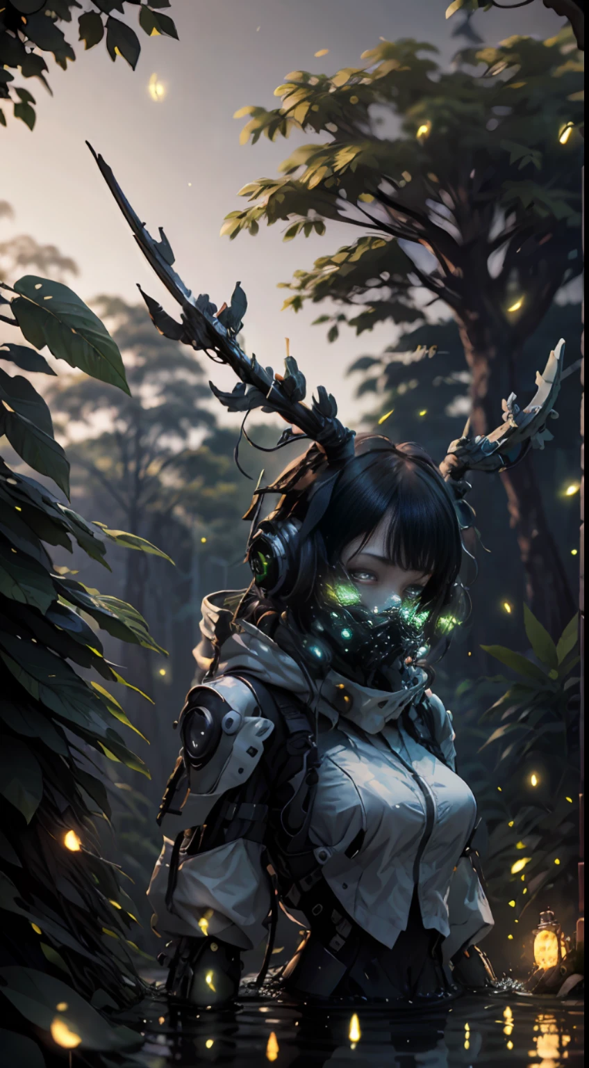 Masterpiece, best quality, (very detailed CG unity 8k wallpaper), (best quality), (best illustration), (best shadows), glow sprite, with a glowing deer, in the swimming pool Drinking water, natural elements in the forest theme. Mysterious forest, beautiful forest, nature, surrounded by flowers, delicate leaves and branches surrounded by fireflies (natural elements), (jungle theme), (leaves), (twigs), (fireflies), (particle effects) etc. 3D , Octane rendering, ray tracing, super detailed