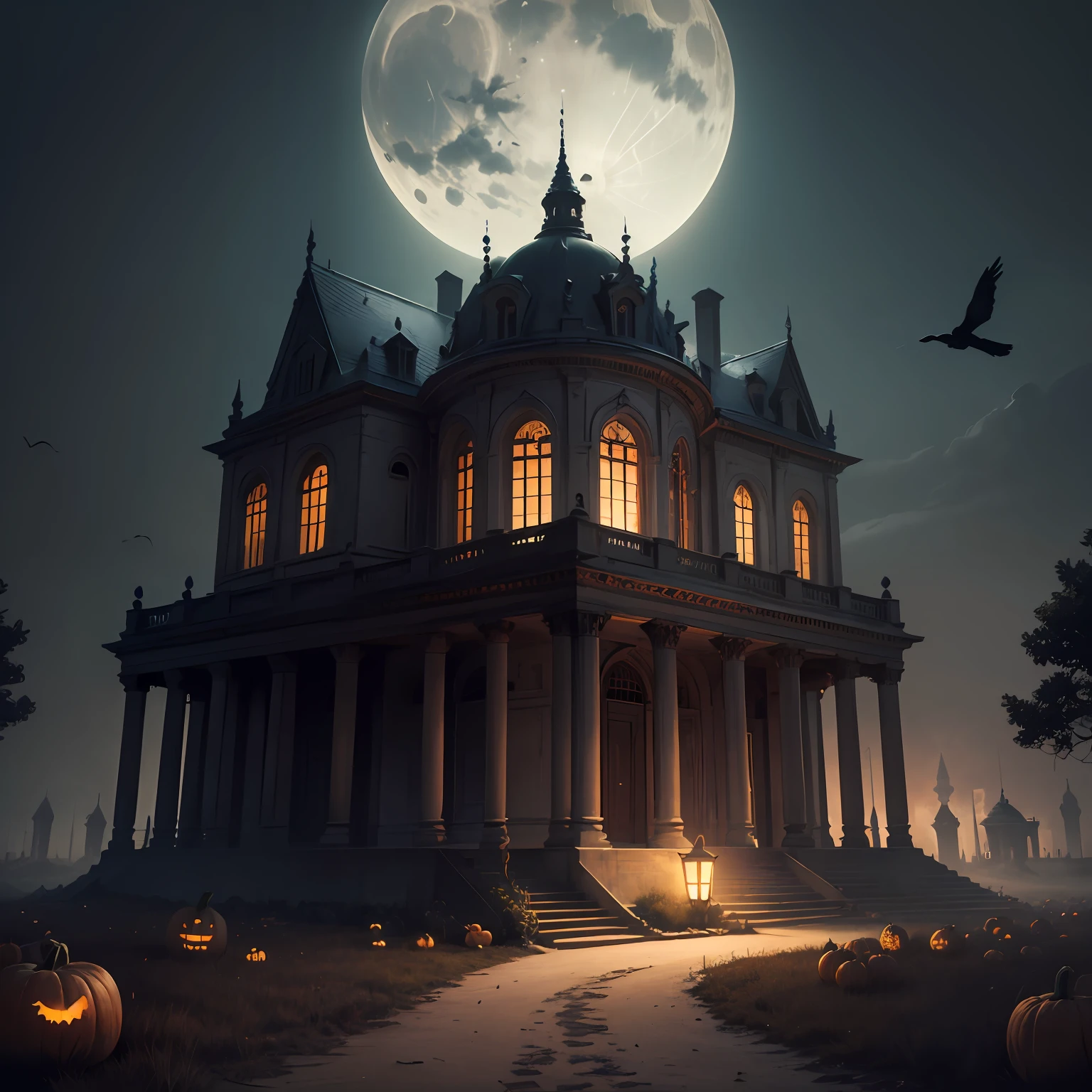 (8k, RAW photo, best quality, masterpiece: 1.2), (realistic, photo-realistic: 1.37)
A palace in a deserted place, dark, moonlight, crows flying, and black trees with terrifying pumpkins underneath. --auto